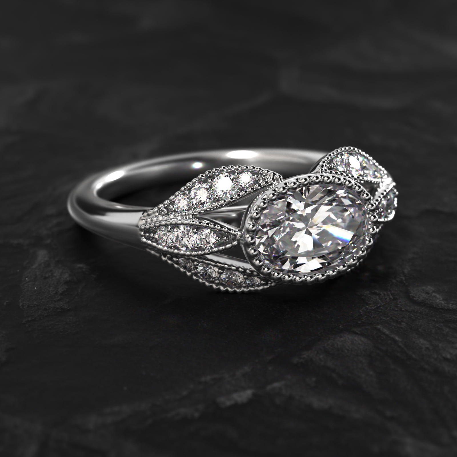 Beaded Marquise Shape Vintage-Style Engagement Ring In 14K White Gold