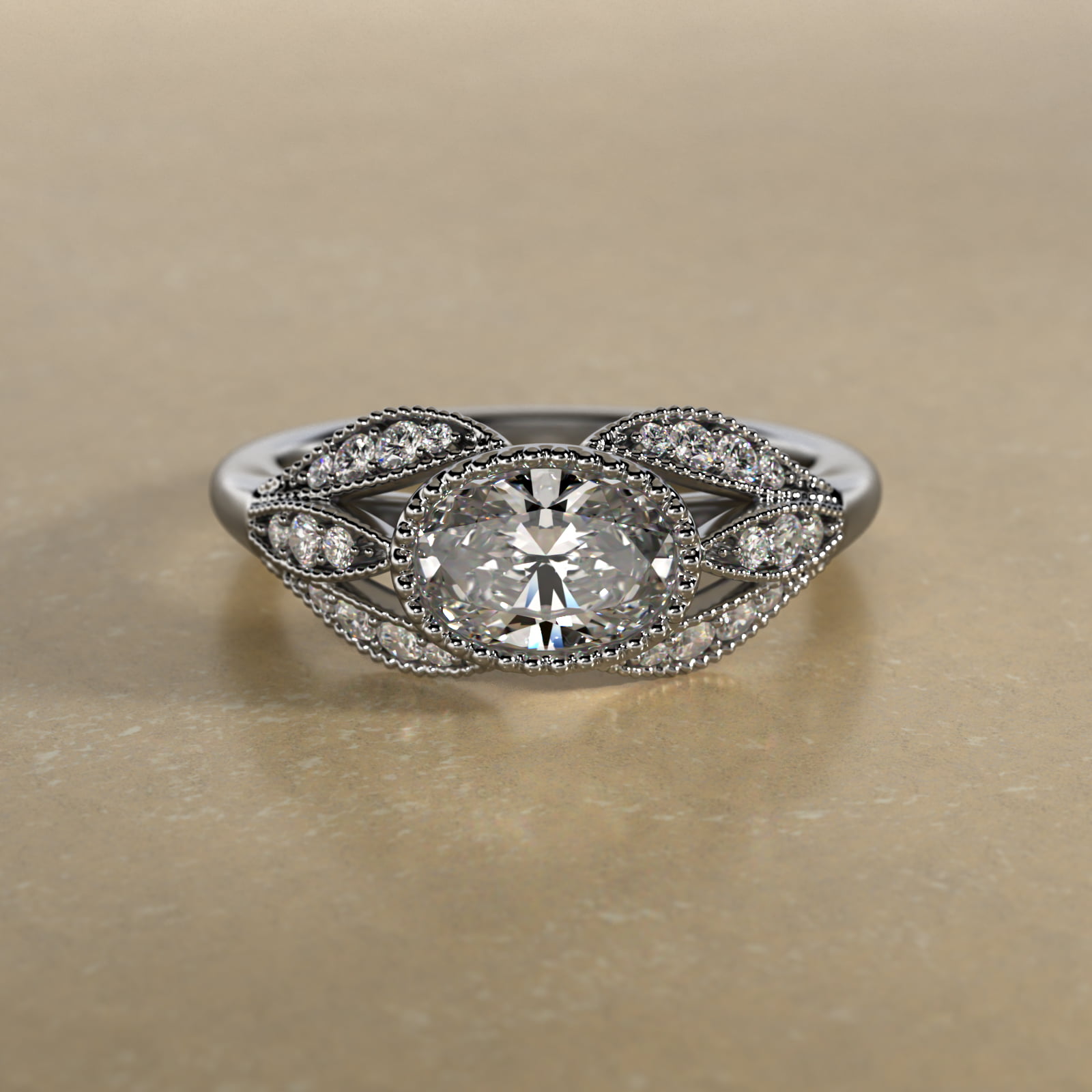 Beaded Marquise Shape Vintage-Style Engagement Ring In Platinum