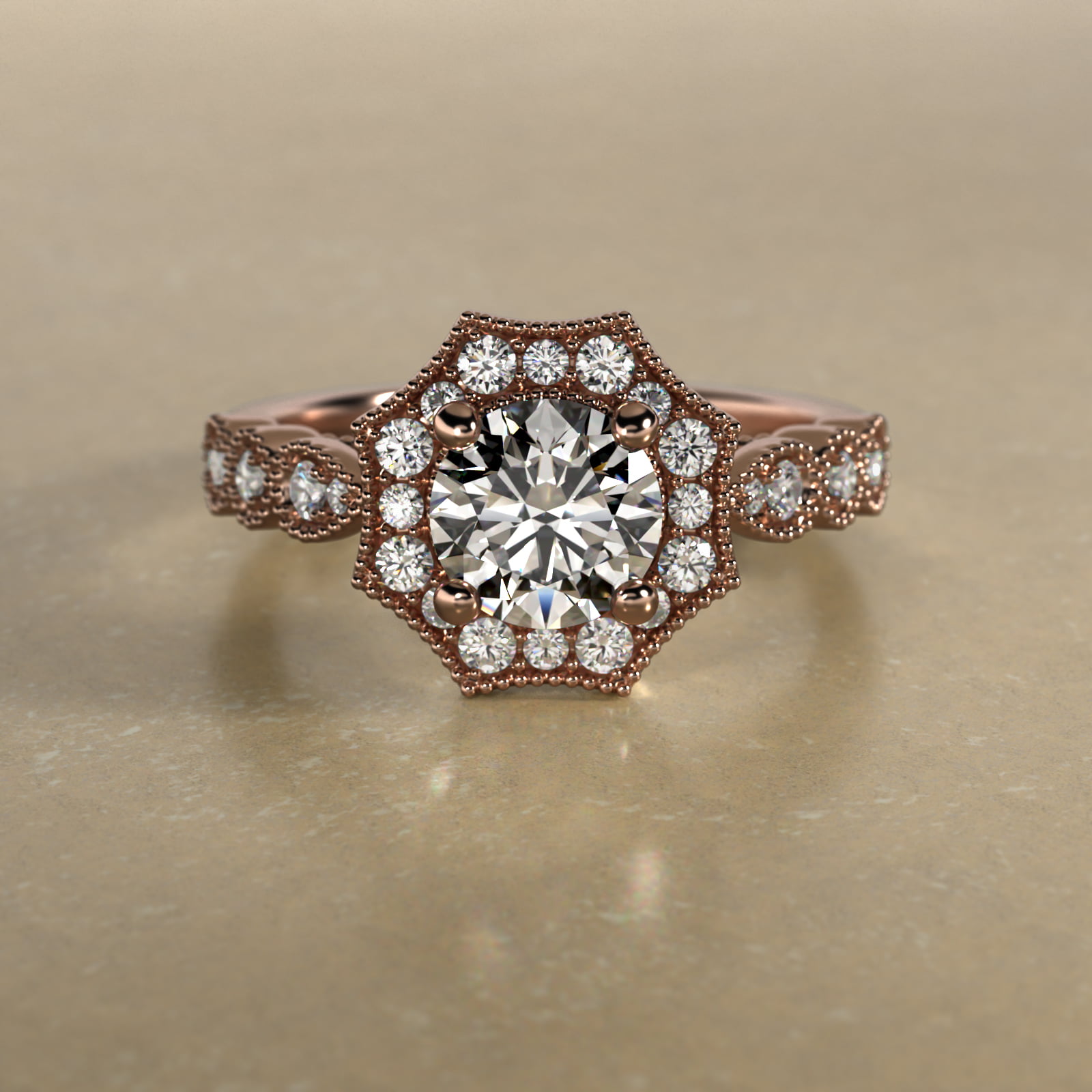 Octagonal Halo Vintage-Style Engagement Ring In 14K Rose Gold
