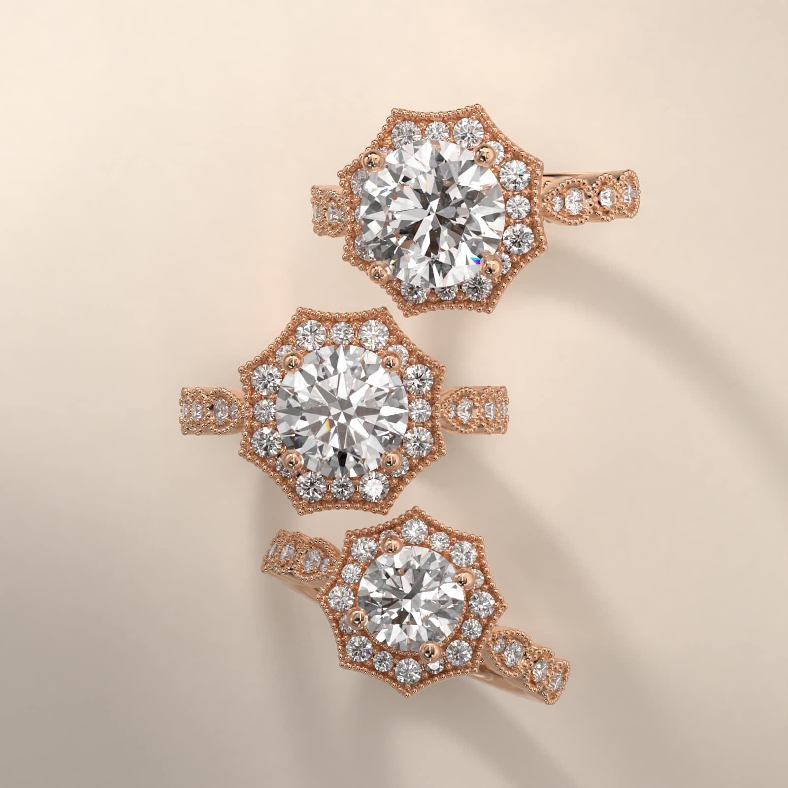 Octagonal Halo Vintage-Style Engagement Ring In 14K Rose Gold