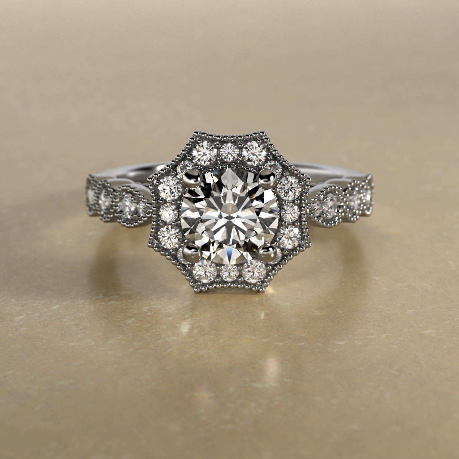 Octagonal Halo Vintage-Style Engagement Ring In 14K White Gold