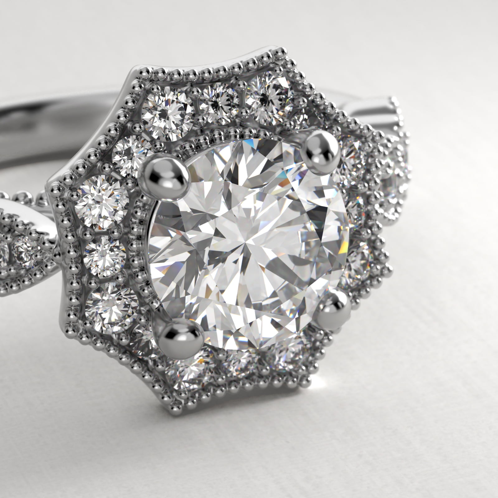 Octagonal Halo Vintage-Style Engagement Ring In 18K White Gold