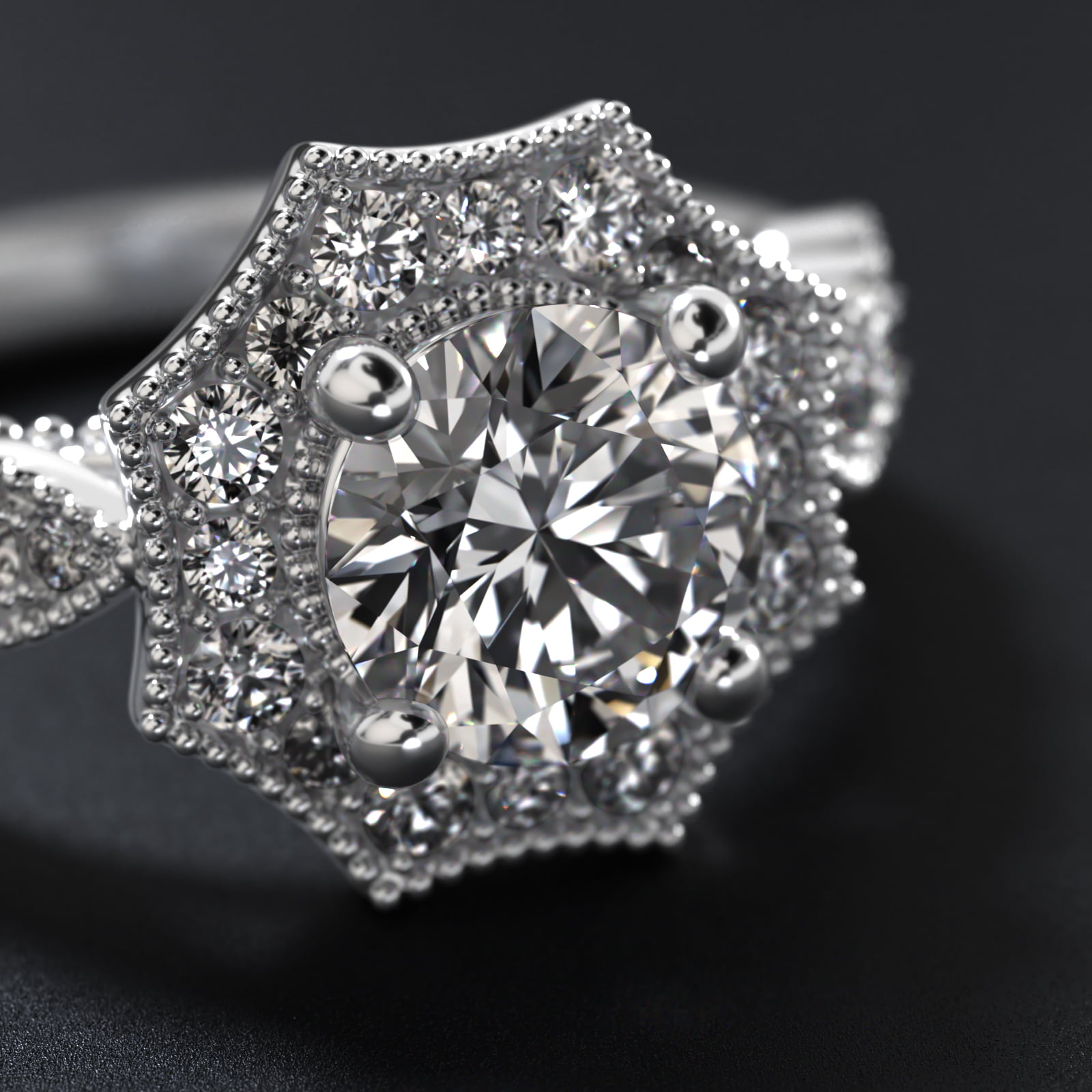 Octagonal Halo Vintage-Style Engagement Ring In 14K White Gold