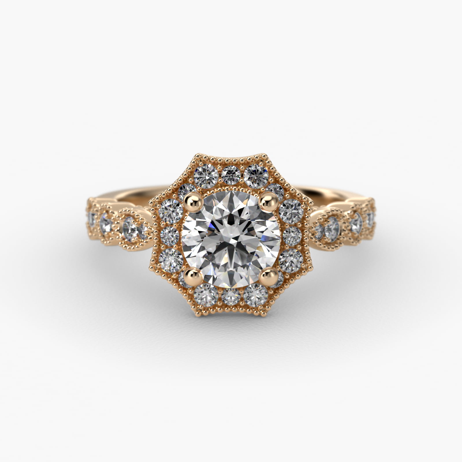 Octagonal Halo Vintage-Style Engagement Ring In 14K Yellow Gold