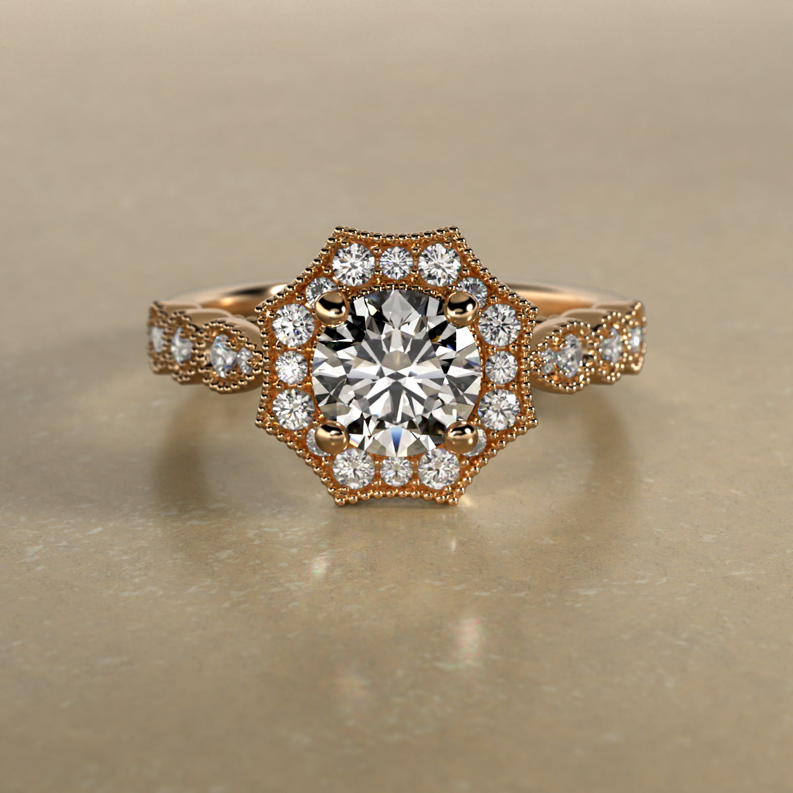 Octagonal Halo Vintage-Style Engagement Ring In 18K Yellow Gold