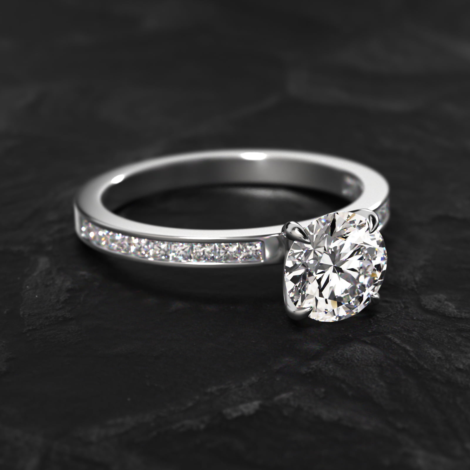 Engagement Ring With Channel Set Princess Cut Diamonds In 14K White Gold