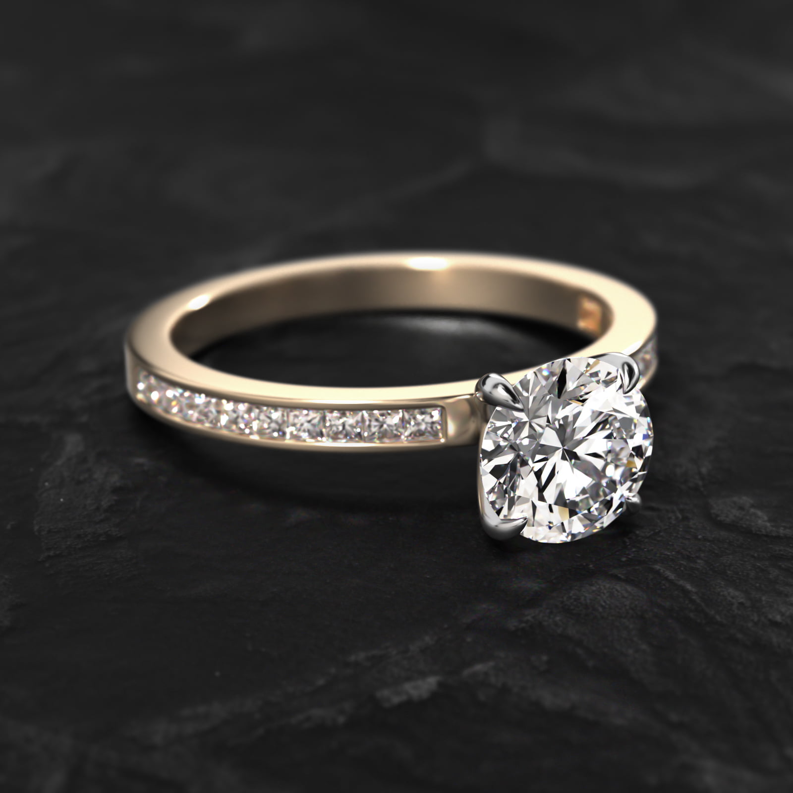 Engagement Ring With Channel Set Princess Cut Diamonds In 14K Yellow Gold