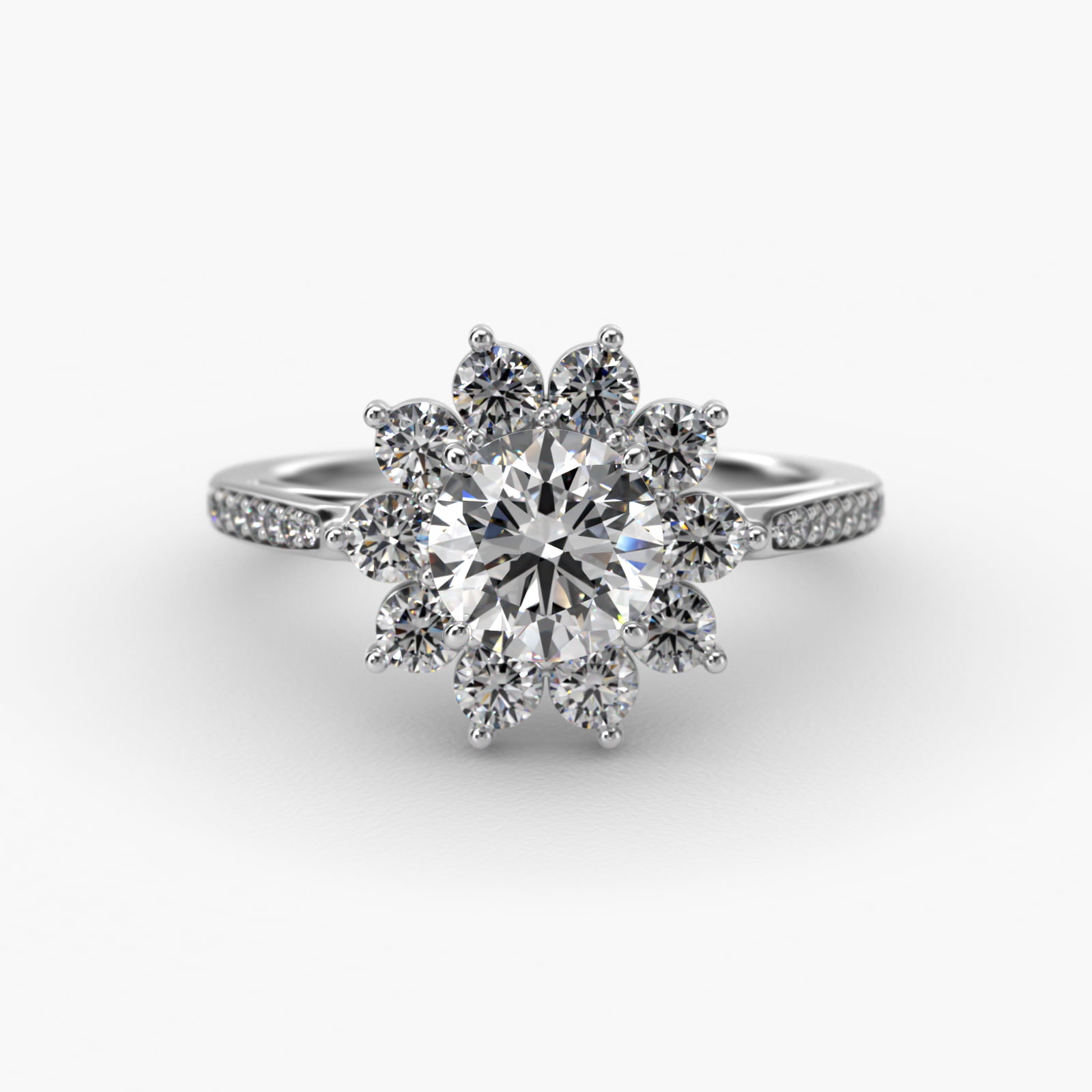 Star Diamond Halo Cathedral Engagement Ring In 18K White Gold