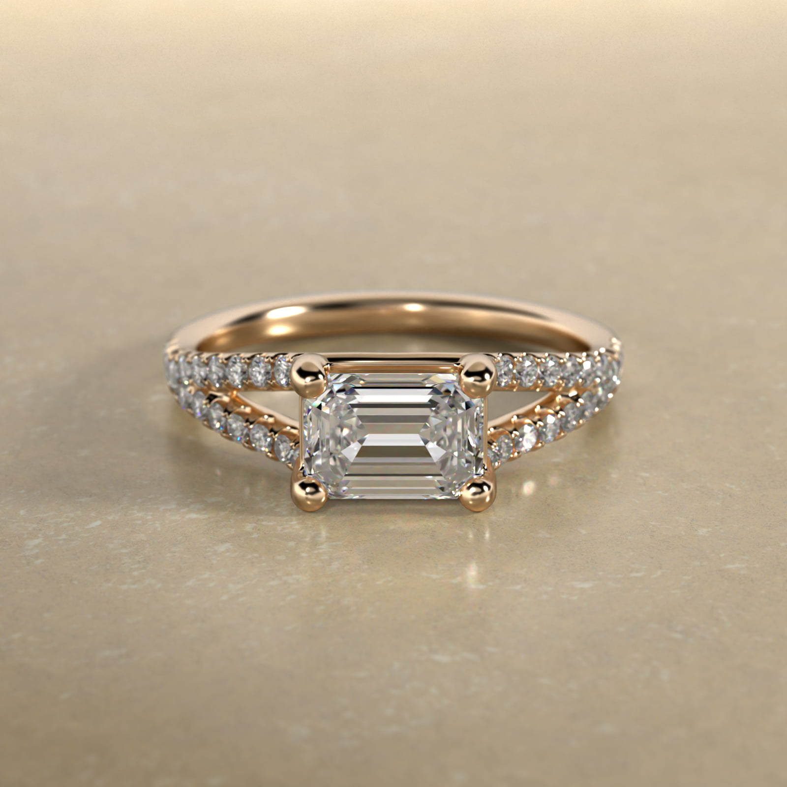 14K Yellow Gold Emerald Shape Split Shank Engagement Ring