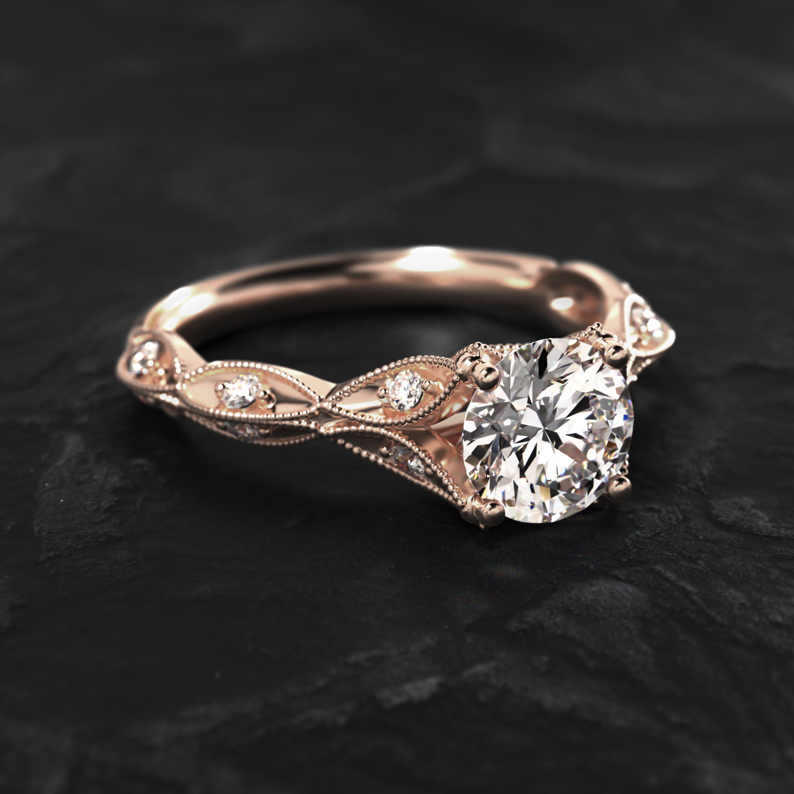 Milgrain Navette Vintage-Style Engagement Ring In 14K Rose Gold
