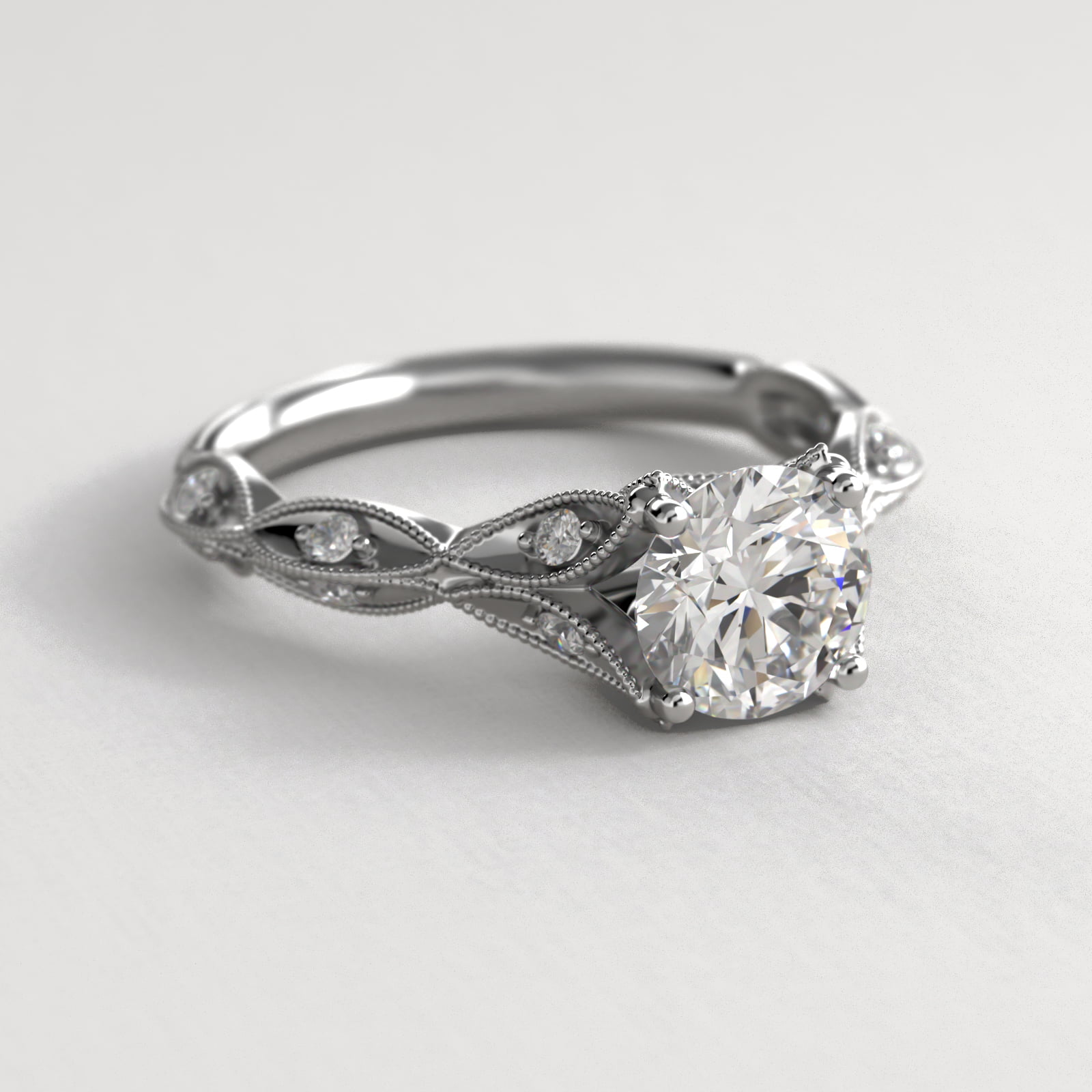 Milgrain Navette Vintage-Style Engagement Ring In 14K White Gold