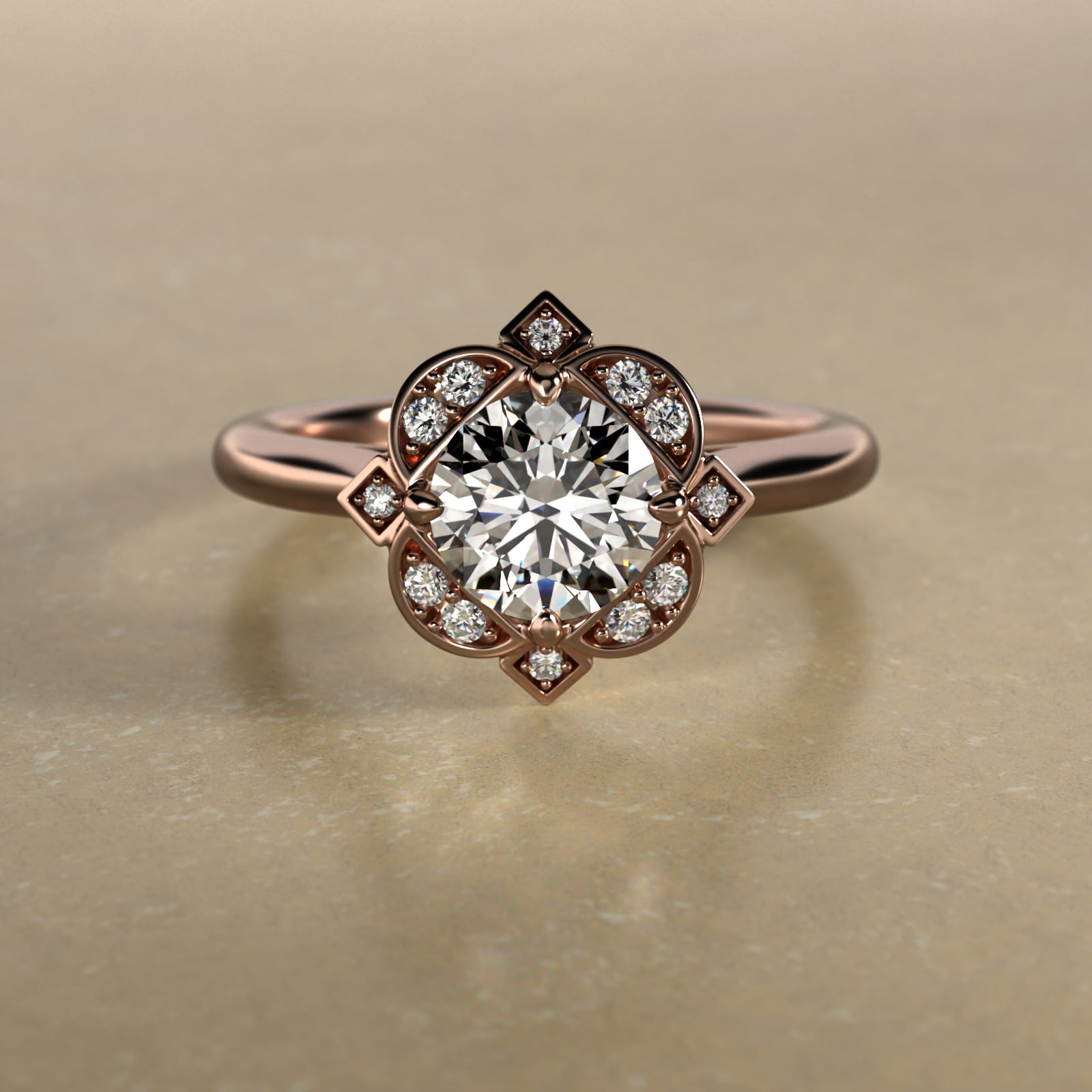 Art Deco Inspired Floral Halo Vintage-Style Engagement Ring In 14K Rose Gold