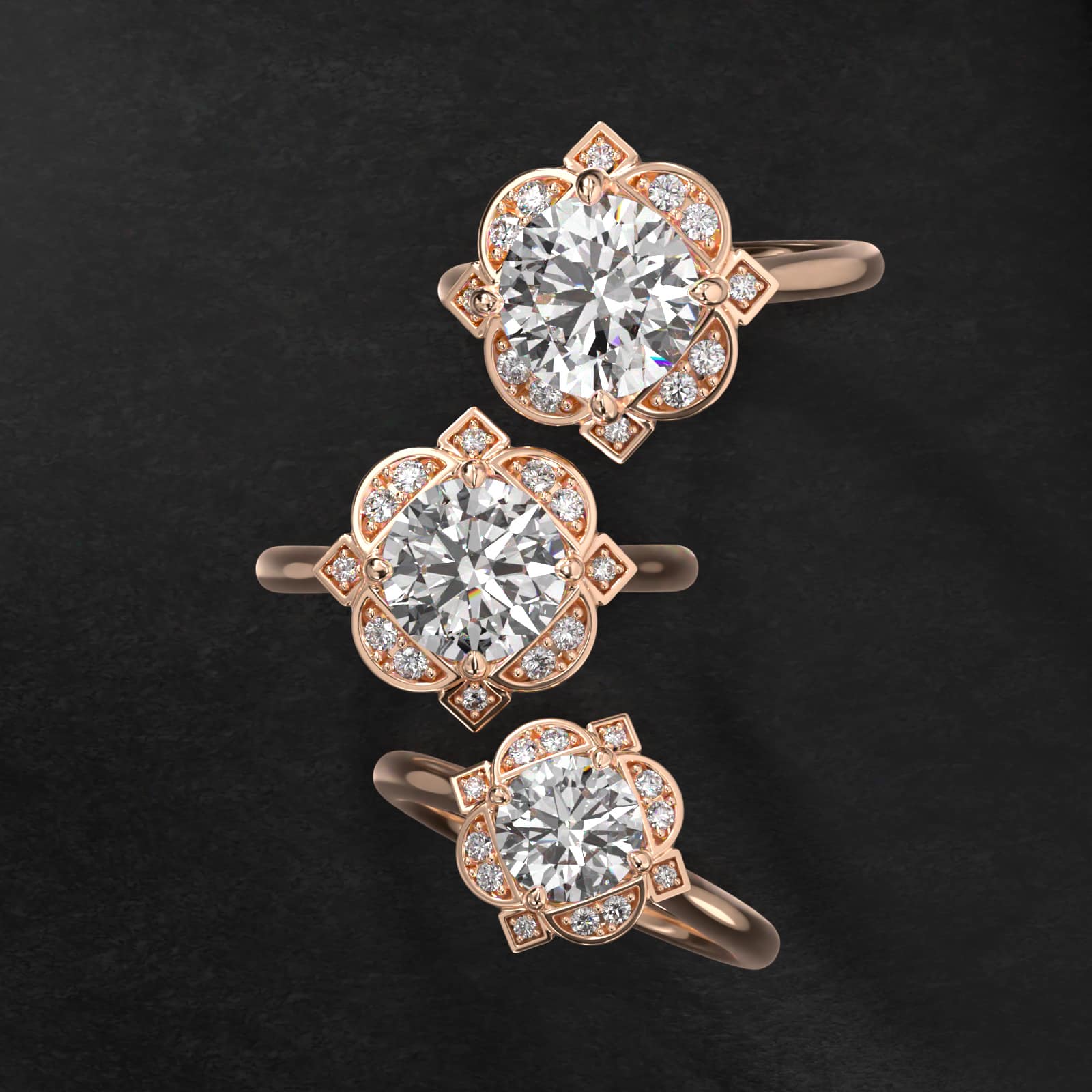 Art Deco Inspired Floral Halo Vintage-Style Engagement Ring In 14K Rose Gold