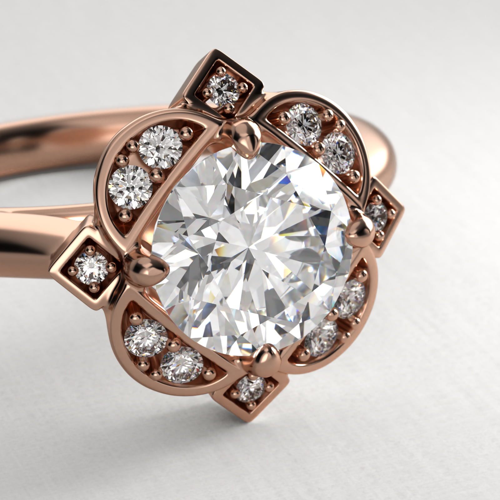 Art Deco Inspired Floral Halo Vintage-Style Engagement Ring In 14K Rose Gold