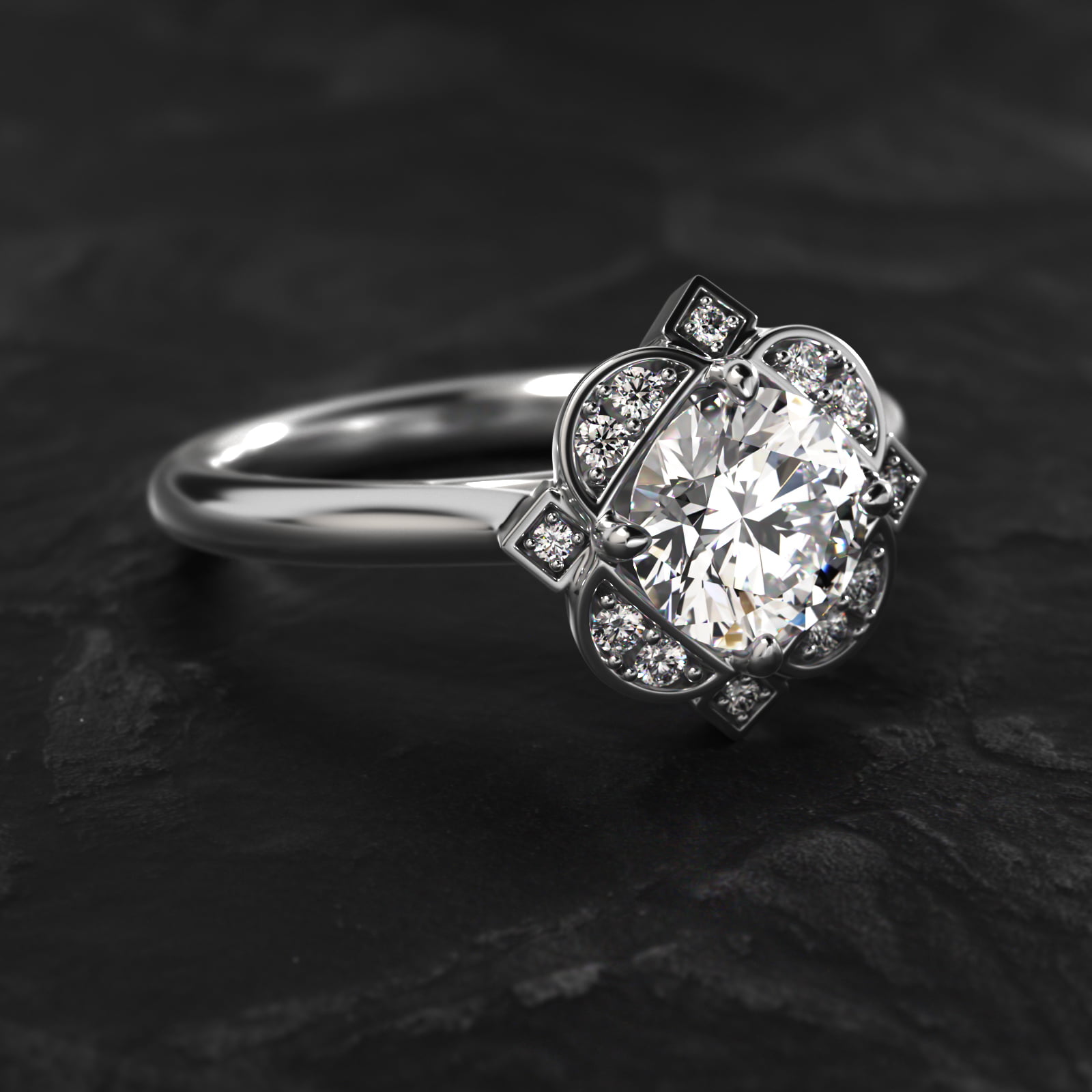 Art Deco Inspired Floral Halo Vintage-Style Engagement Ring In Platinum