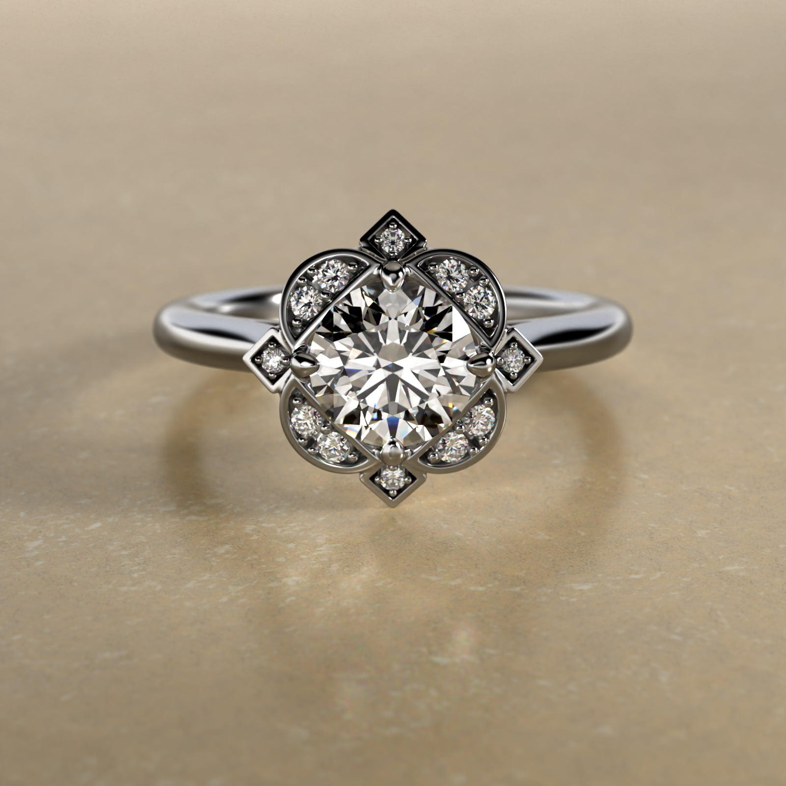 Art Deco Inspired Floral Halo Vintage-Style Engagement Ring In 14K White Gold