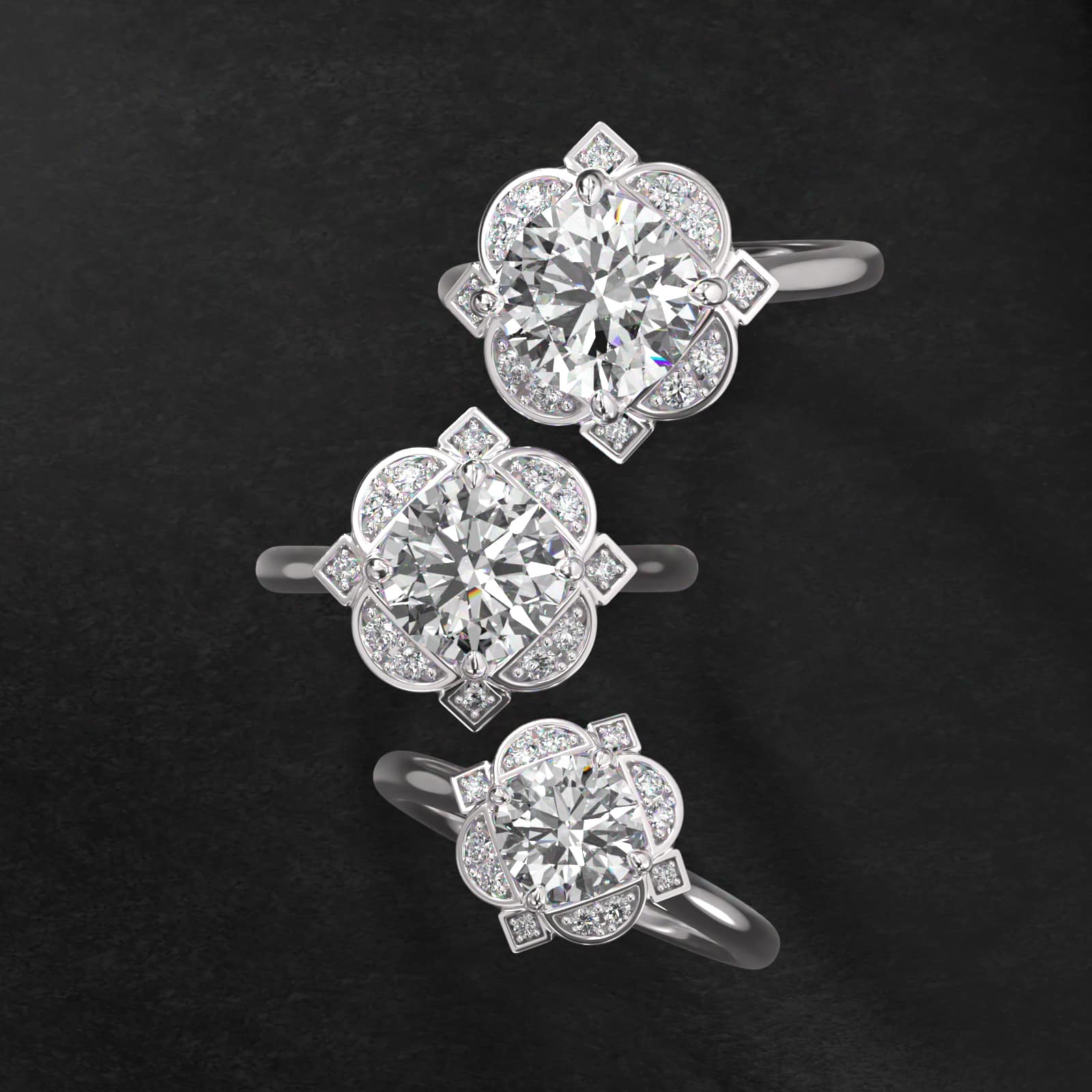 Art Deco Inspired Floral Halo Vintage-Style Engagement Ring In 14K White Gold