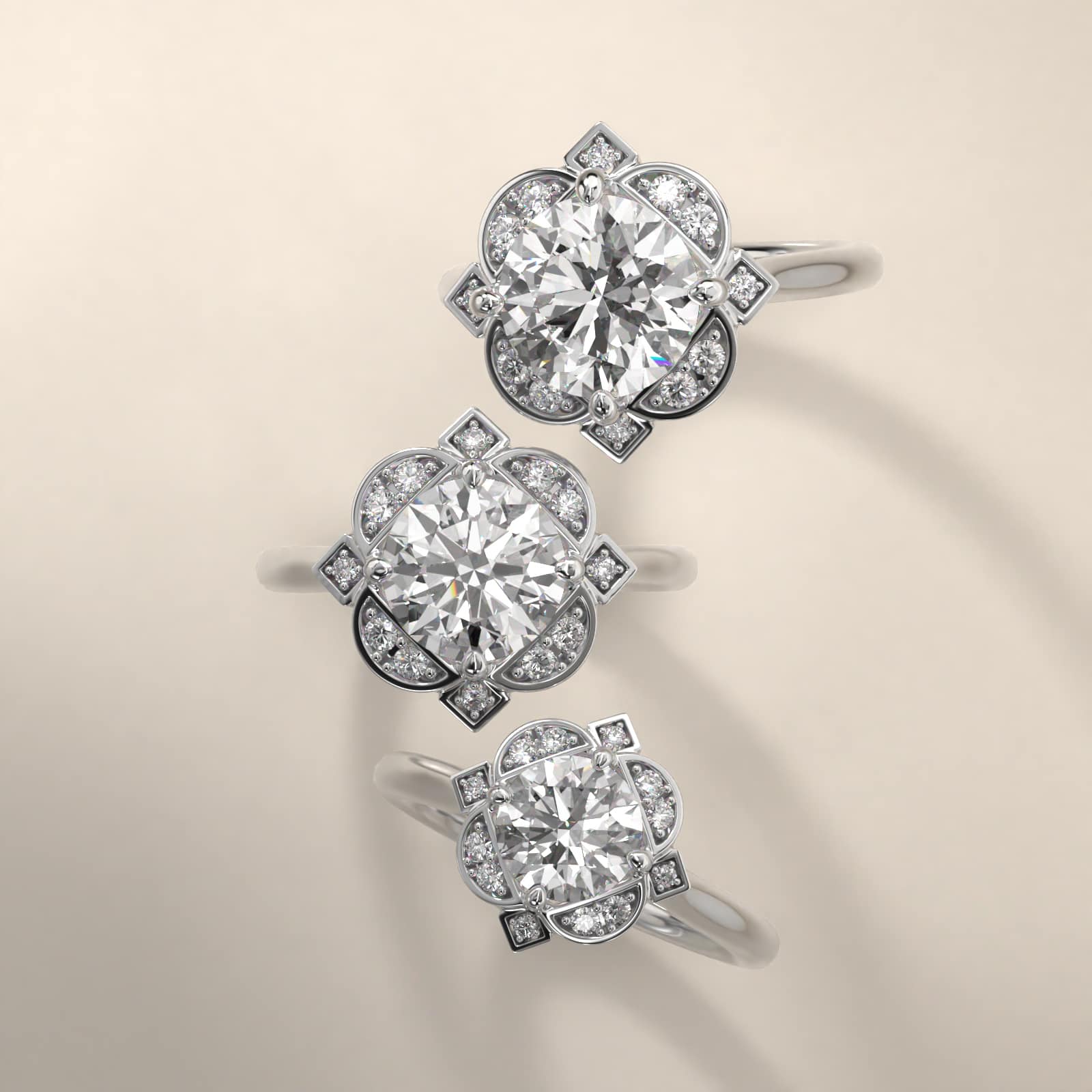 Art Deco Inspired Floral Halo Vintage-Style Engagement Ring In Platinum