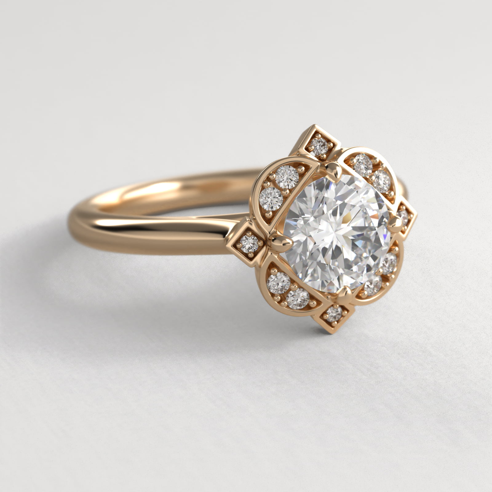 Art Deco Inspired Floral Halo Vintage-Style Engagement Ring In 18K Yellow Gold