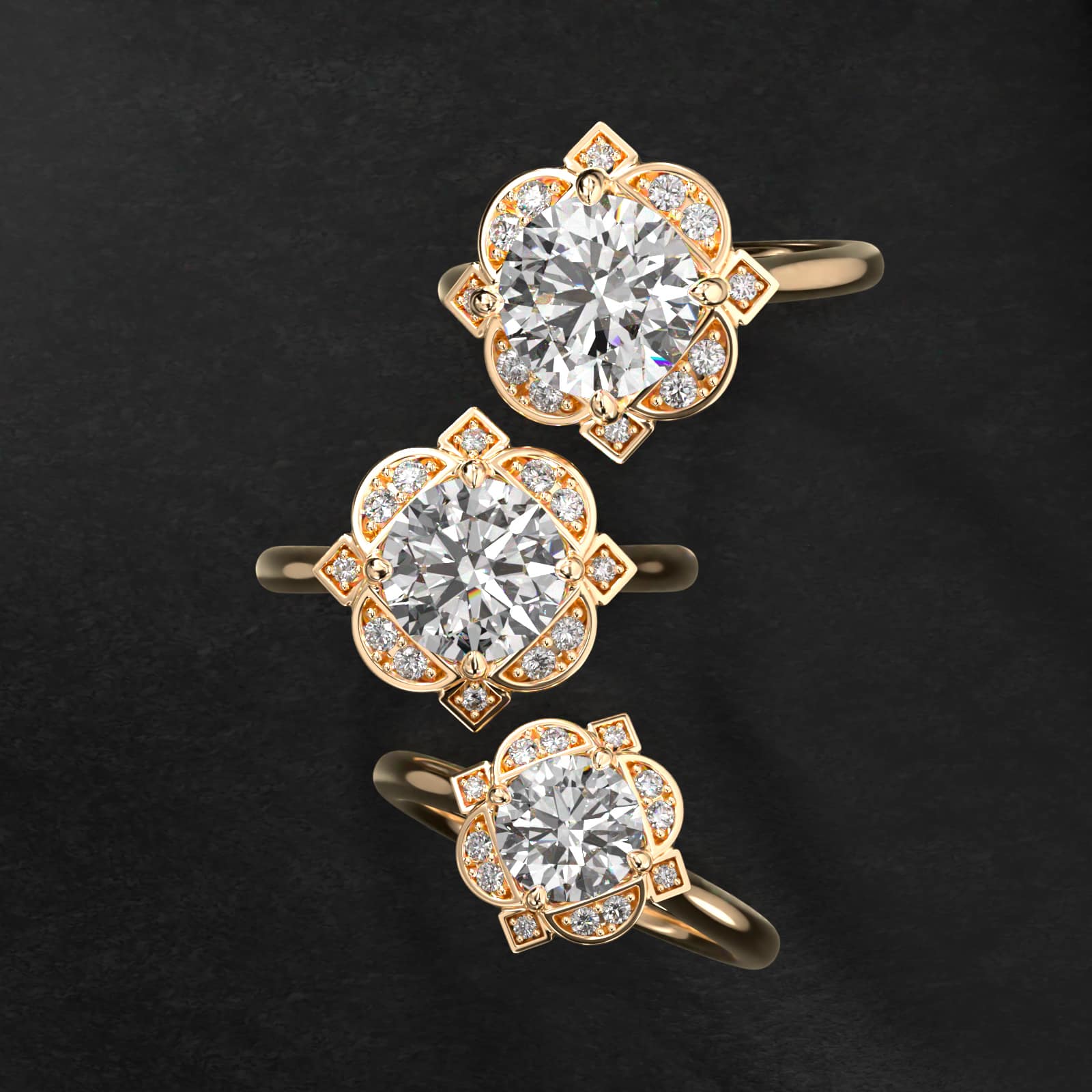 Art Deco Inspired Floral Halo Vintage-Style Engagement Ring In 18K Yellow Gold