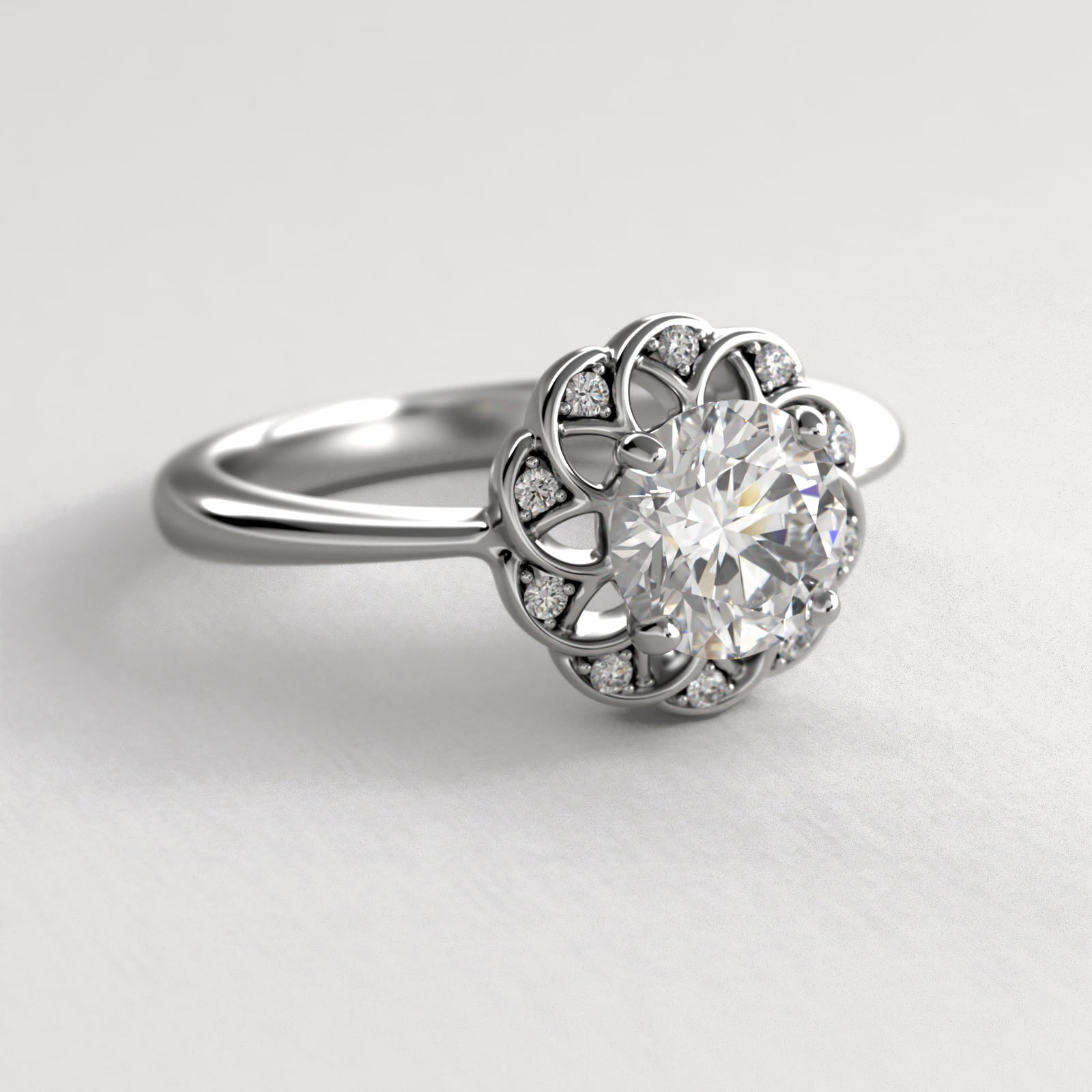 Open Lace Pavé Diamond Halo Vintage-Style Engagement Ring In 14K White Gold