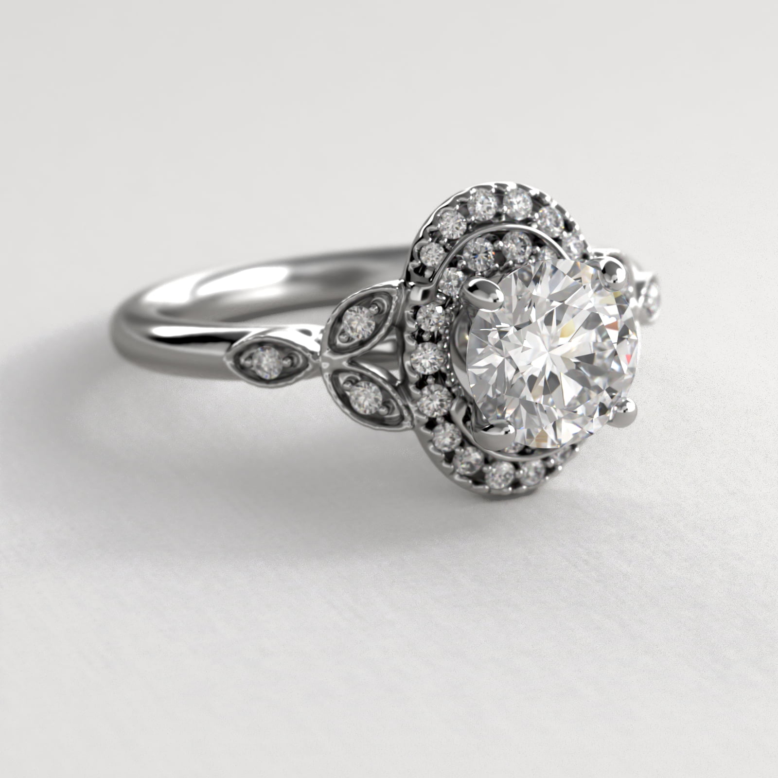 Swirling Oval Shape Halo Vintage-Style Engagement Ring In 14K White Gold