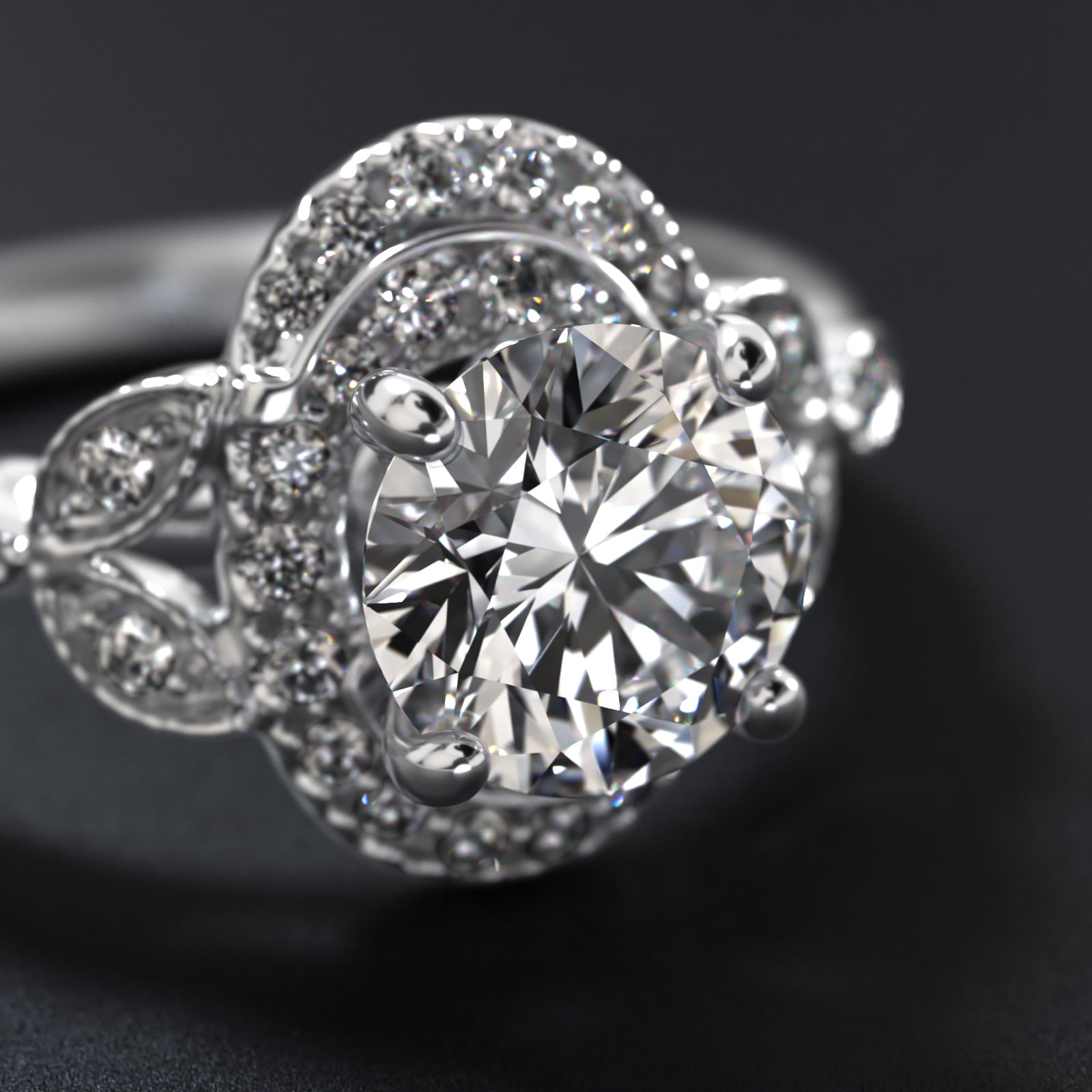 Swirling Oval Shape Halo Vintage-Style Engagement Ring In 14K White Gold