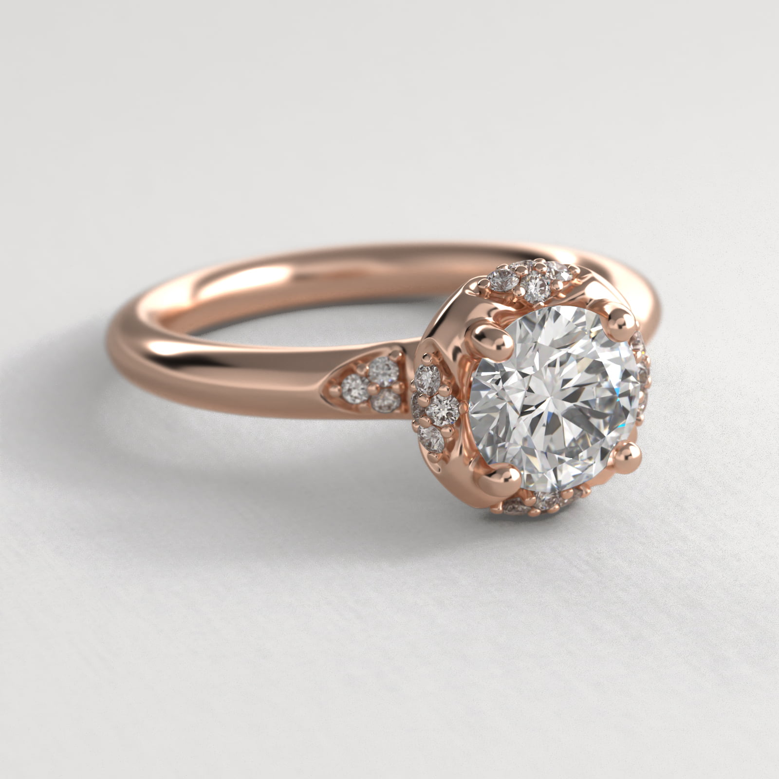 Perfectly Placed Pavé Halo Vintage-Style Engagement Ring In 14K Rose Gold