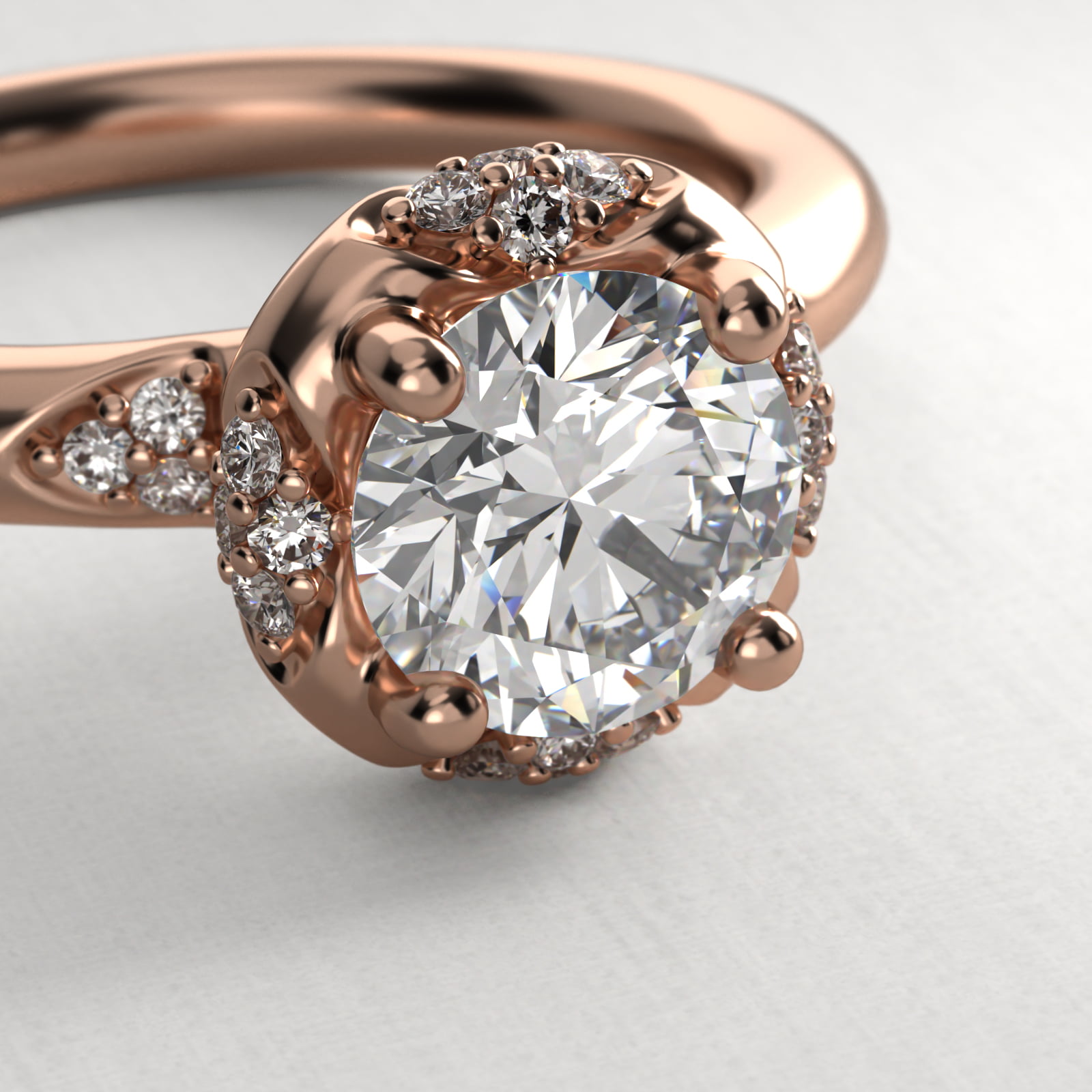 Perfectly Placed Pavé Halo Vintage-Style Engagement Ring In 14K Rose Gold