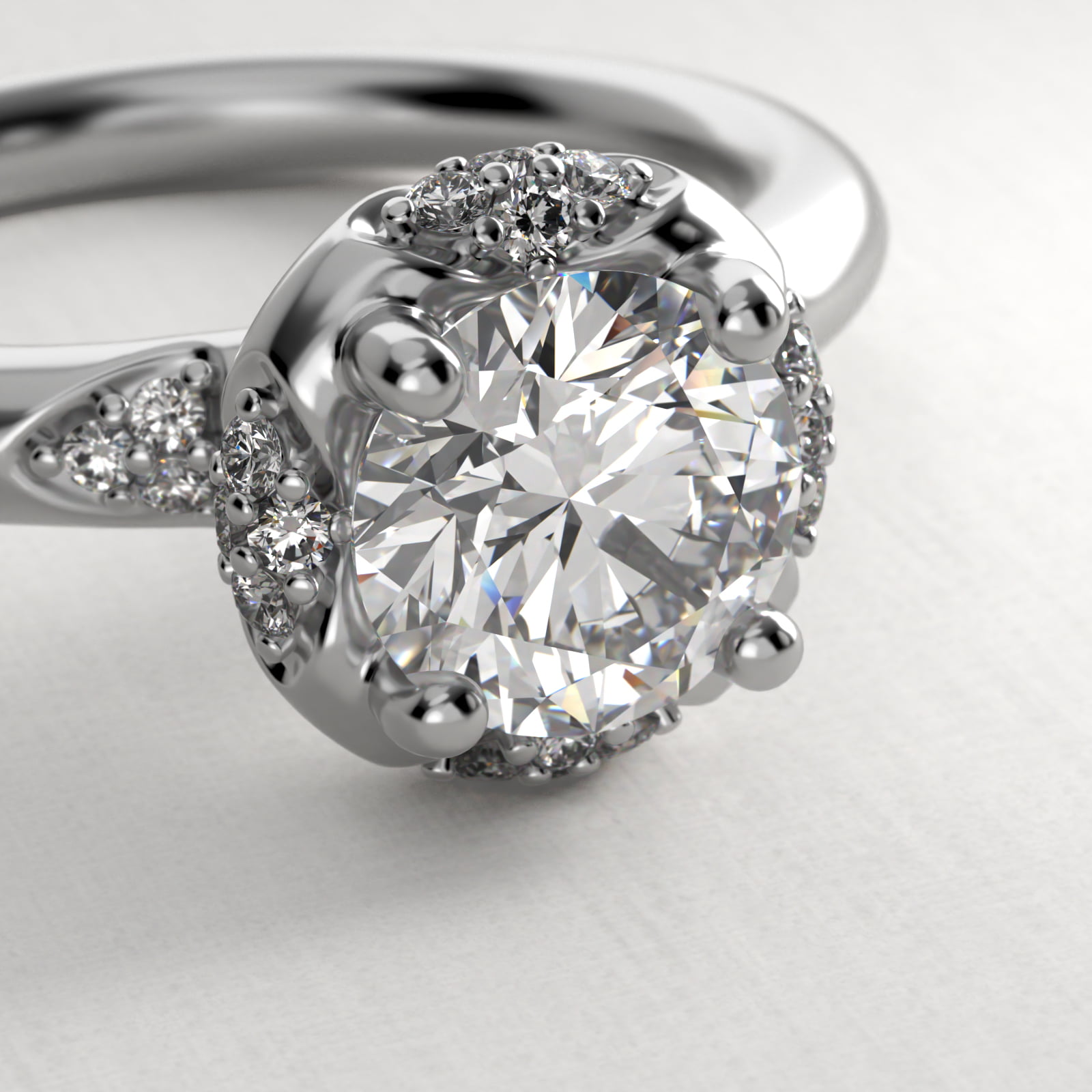 Perfectly Placed Pavé Halo Vintage-Style Engagement Ring In 14K White Gold