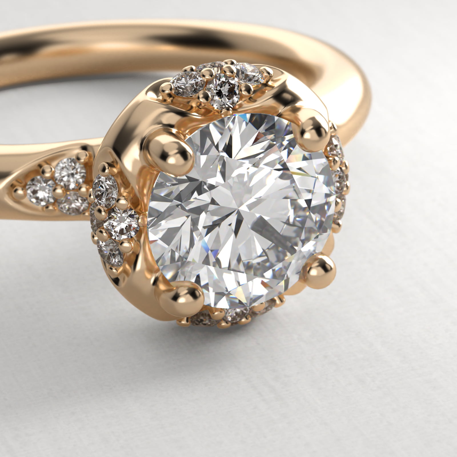 Perfectly Placed Pavé Halo Vintage-Style Engagement Ring In 14K Yellow Gold
