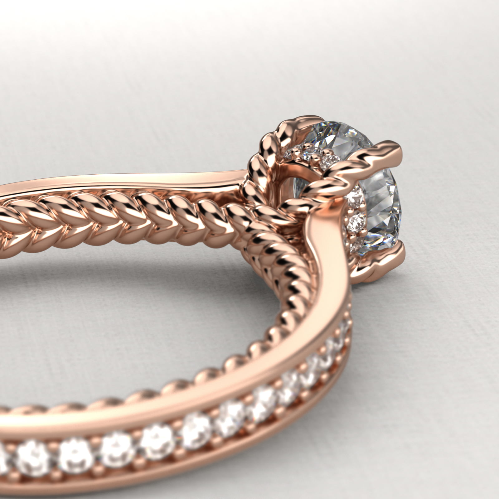 Cross Prong Cable Profile Pavé Diamond Engagement Ring In 14K Rose Gold