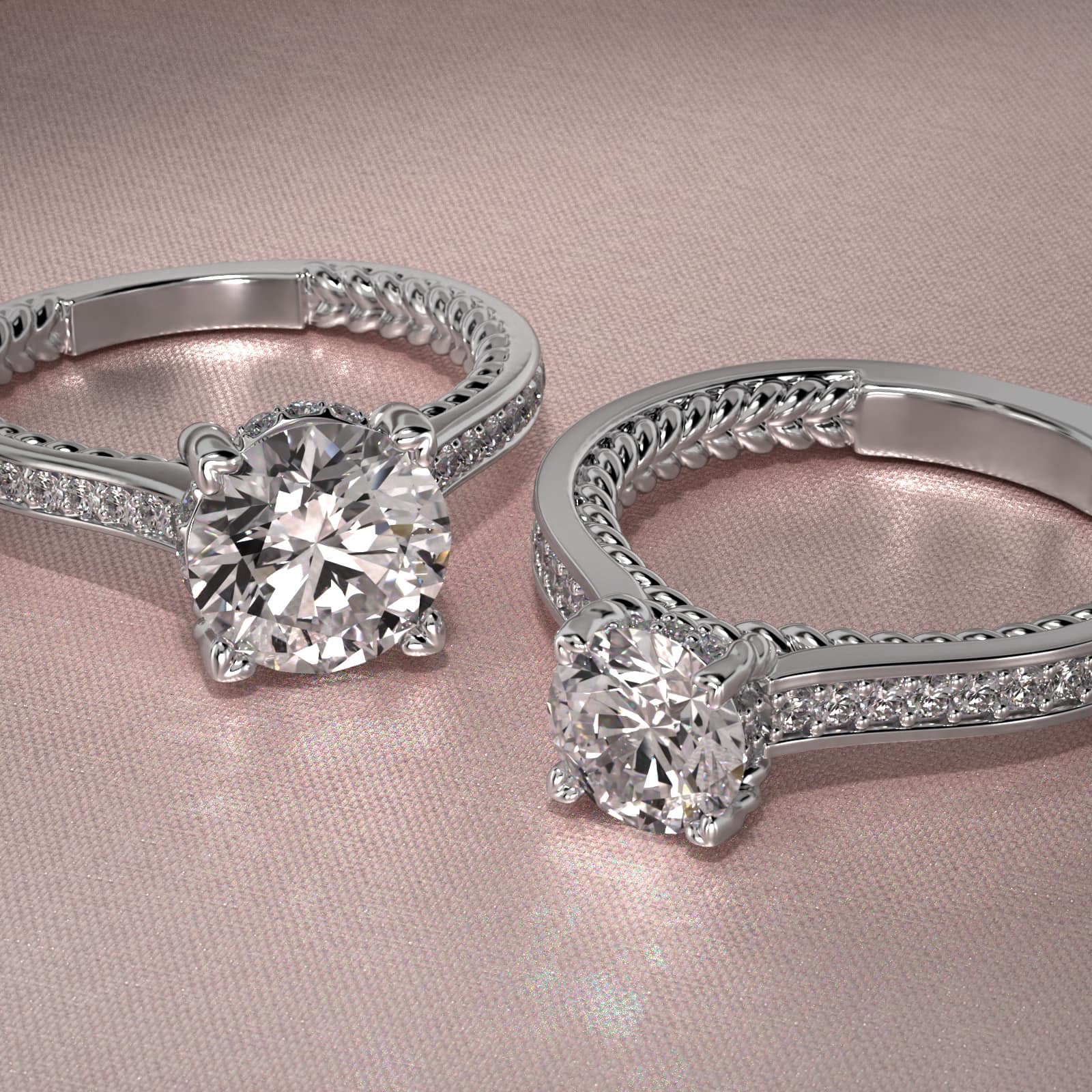 Cross Prong Cable Profile Pavé Diamond Engagement Ring In 14K White Gold