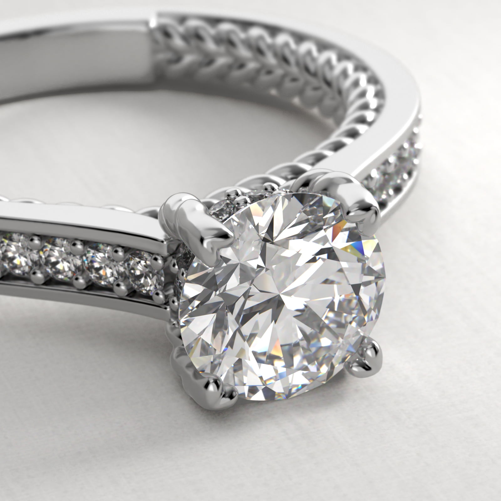 Cross Prong Cable Profile Pavé Diamond Engagement Ring In 14K White Gold