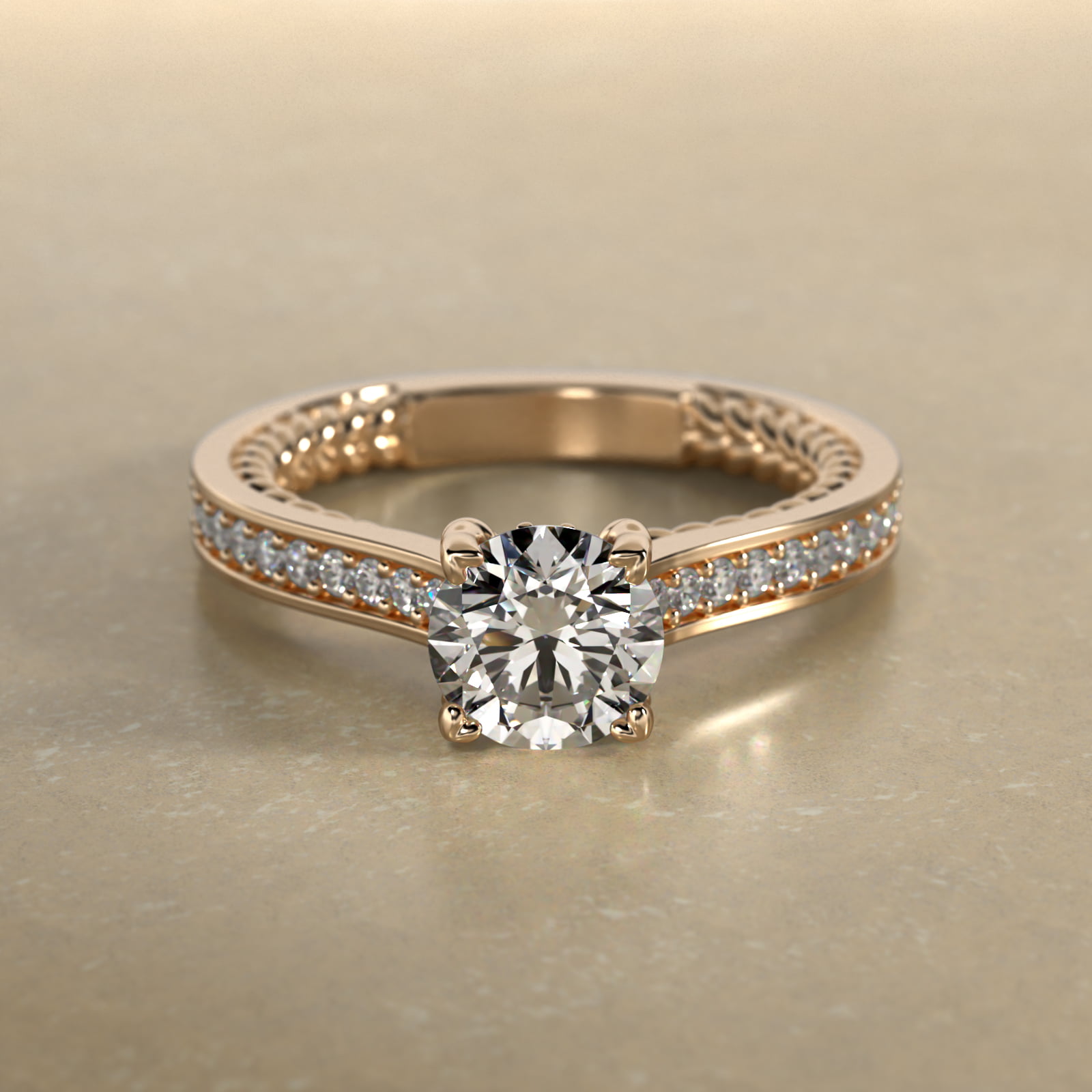 Cross Prong Cable Profile Pavé Diamond Engagement Ring In 14K Yellow Gold