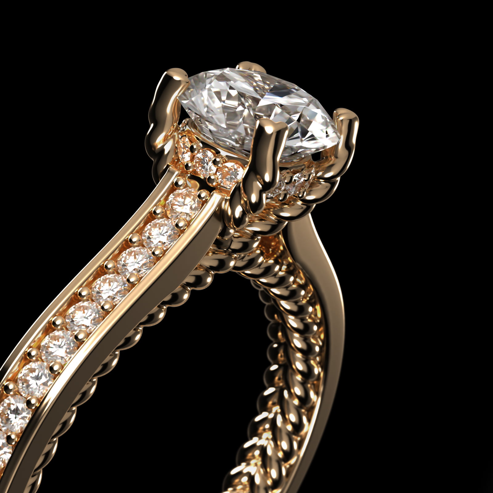 Cross Prong Cable Profile Pavé Diamond Engagement Ring In 14K Yellow Gold