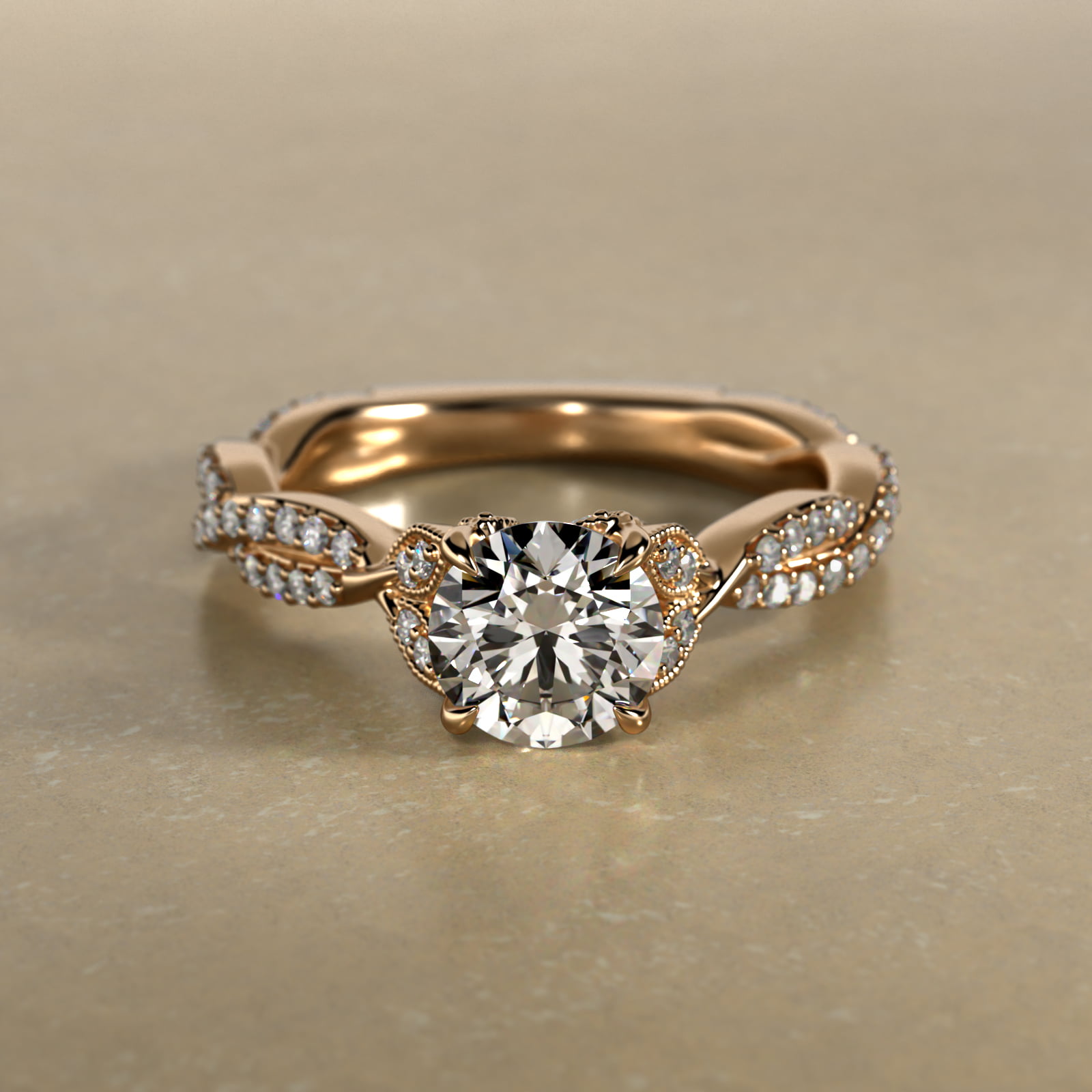 Twisted Pavé Leaf Vintage-Style Engagement Ring In 14K Yellow Gold