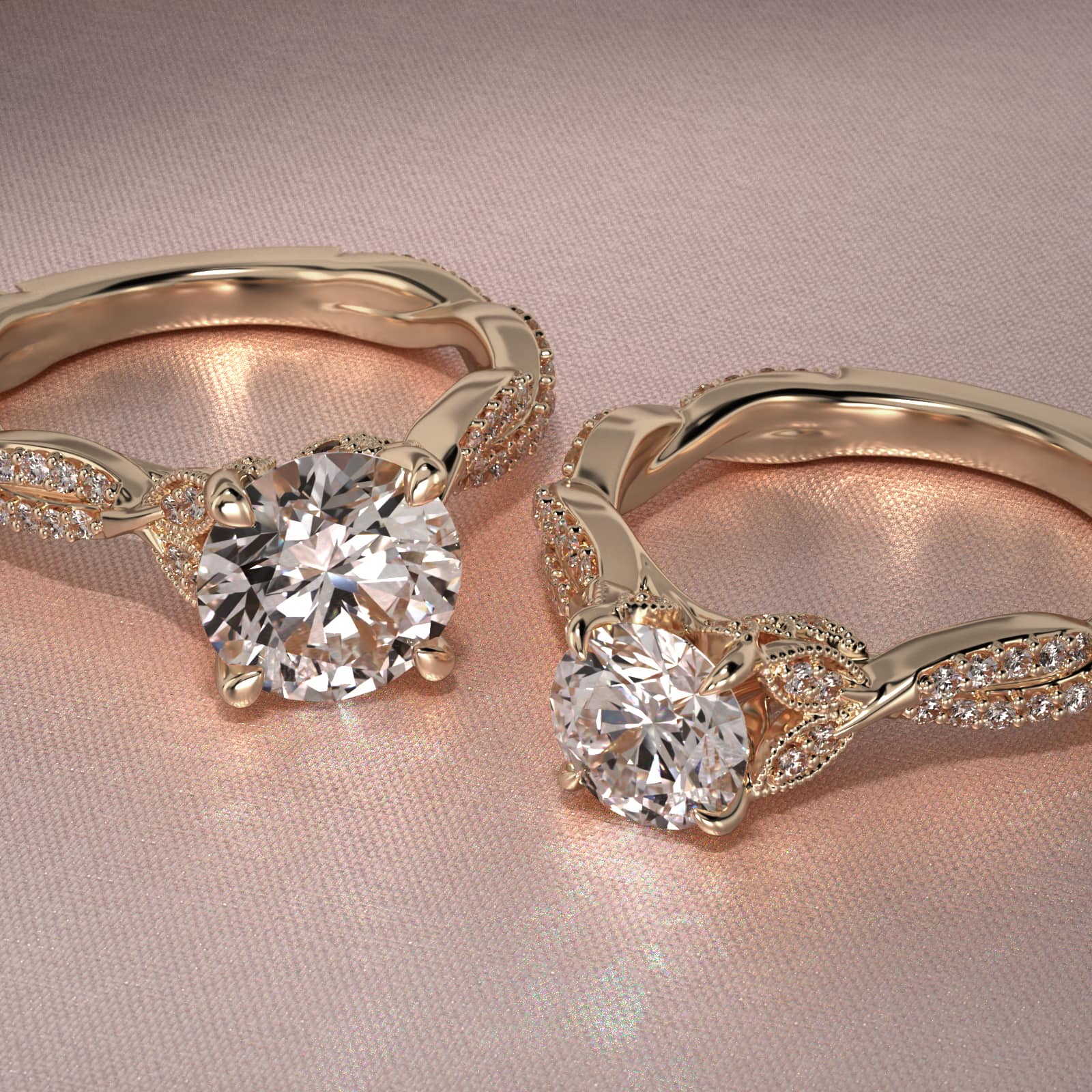 Twisted Pavé Leaf Vintage-Style Engagement Ring In 14K Yellow Gold