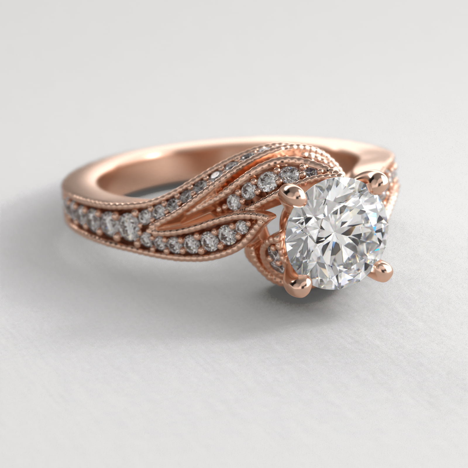 Nature Inspired Pavé Diamond Bypass Vintage-Style Engagement Ring In 14K Rose Gold