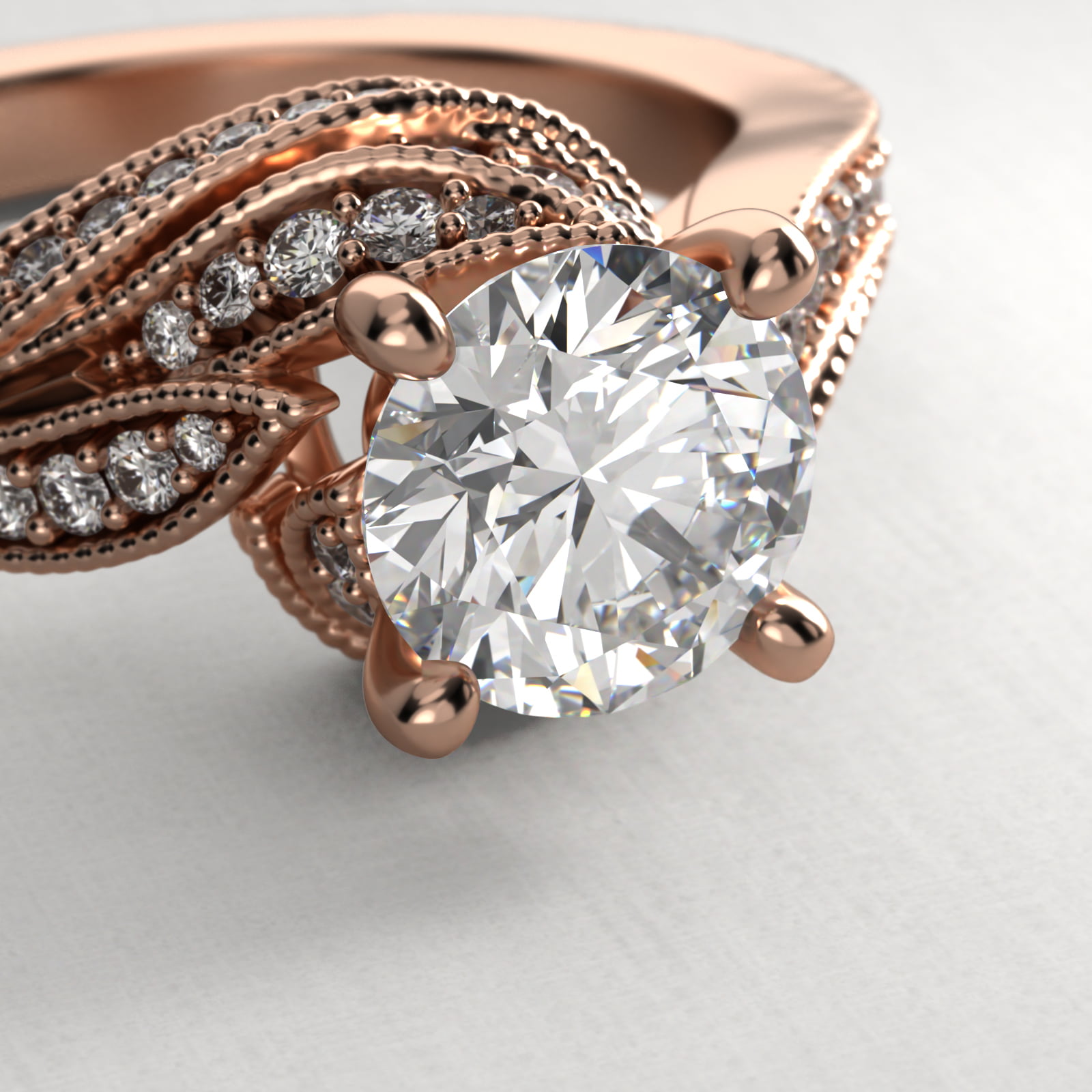 Nature Inspired Pavé Diamond Bypass Vintage-Style Engagement Ring In 14K Rose Gold