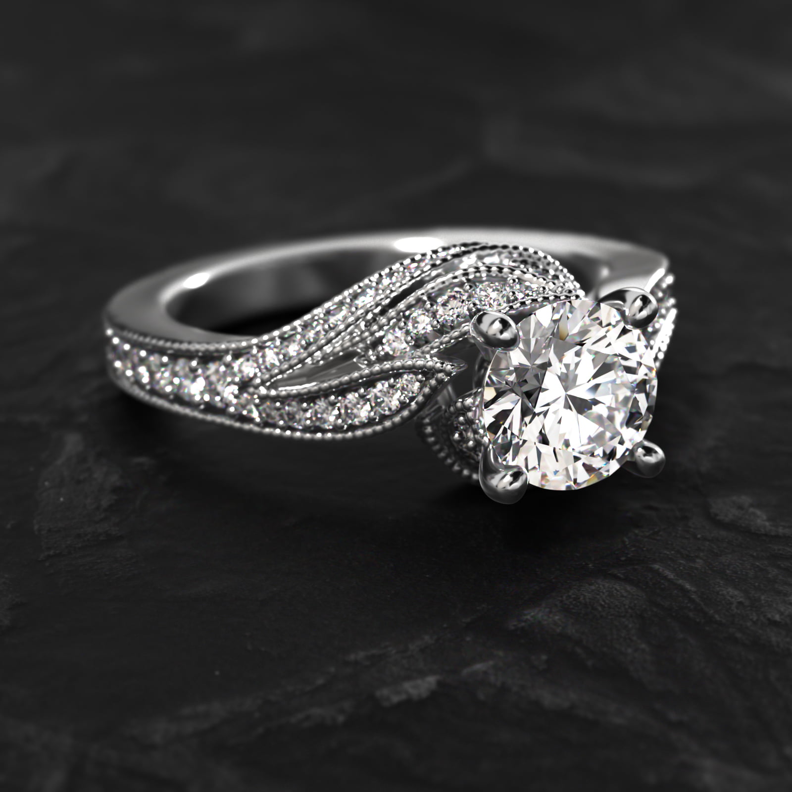 Nature Inspired Pavé Diamond Bypass Vintage-Style Engagement Ring In 14K White Gold
