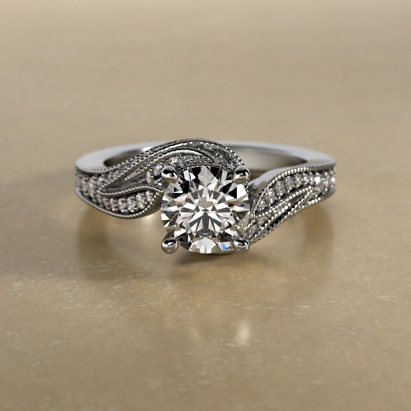 Nature Inspired Pavé Diamond Bypass Vintage-Style Engagement Ring In Platinum