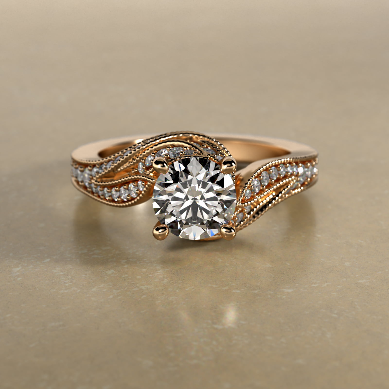 Nature Inspired Pavé Diamond Bypass Vintage-Style Engagement Ring In 14K Yellow Gold