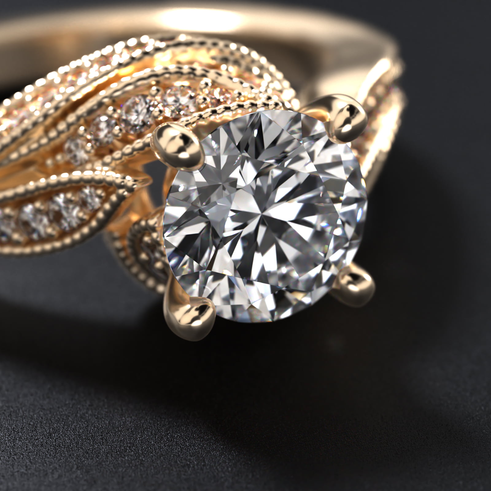 Nature Inspired Pavé Diamond Bypass Vintage-Style Engagement Ring In 14K Yellow Gold