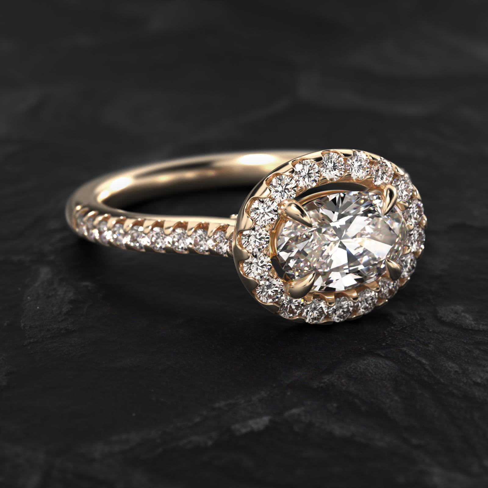 Endearing Love East West Pavé Diamond Halo Engagement Ring In 14K Yellow Gold