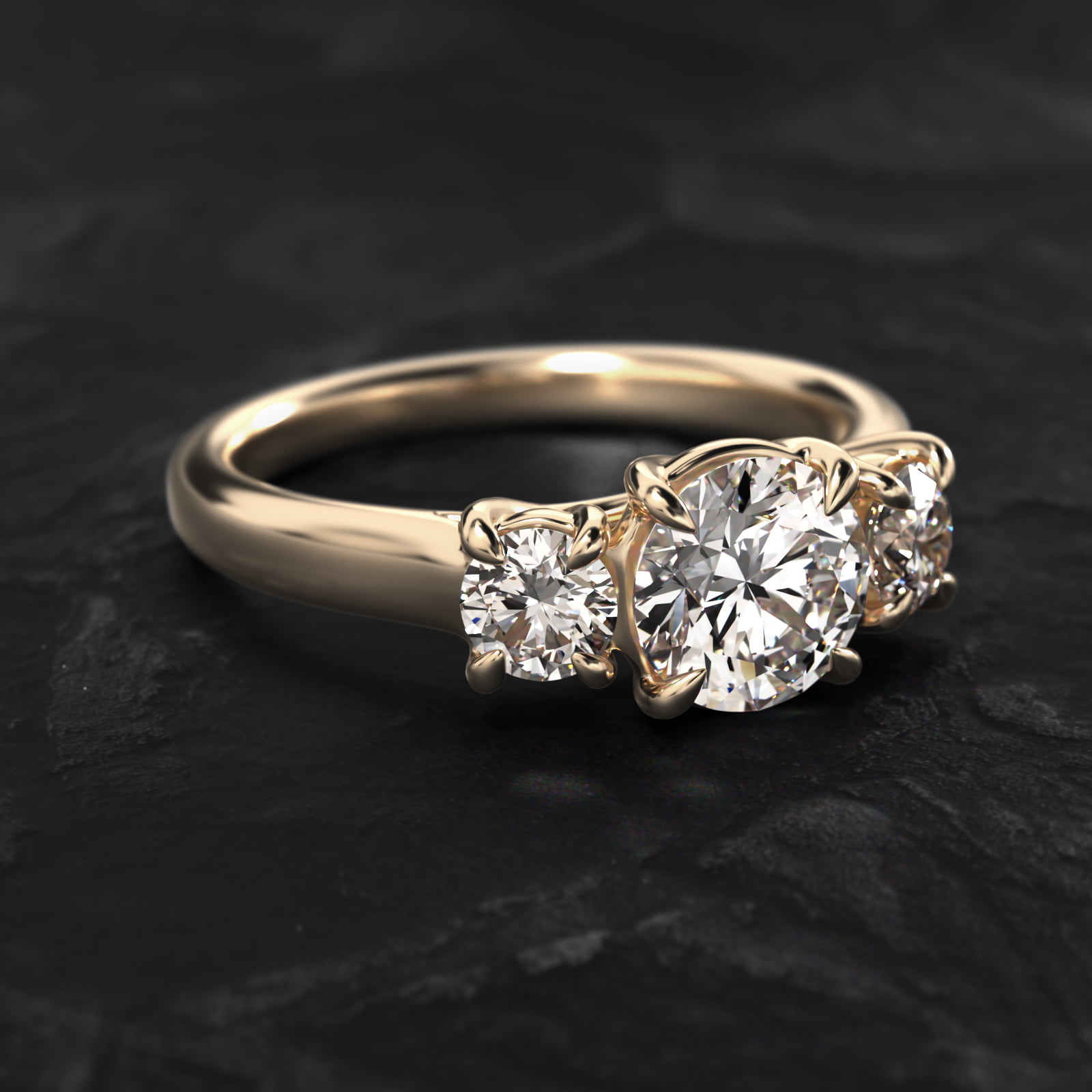 Round Diamond Three Stone Engagement Ring In 14K Yellow Gold