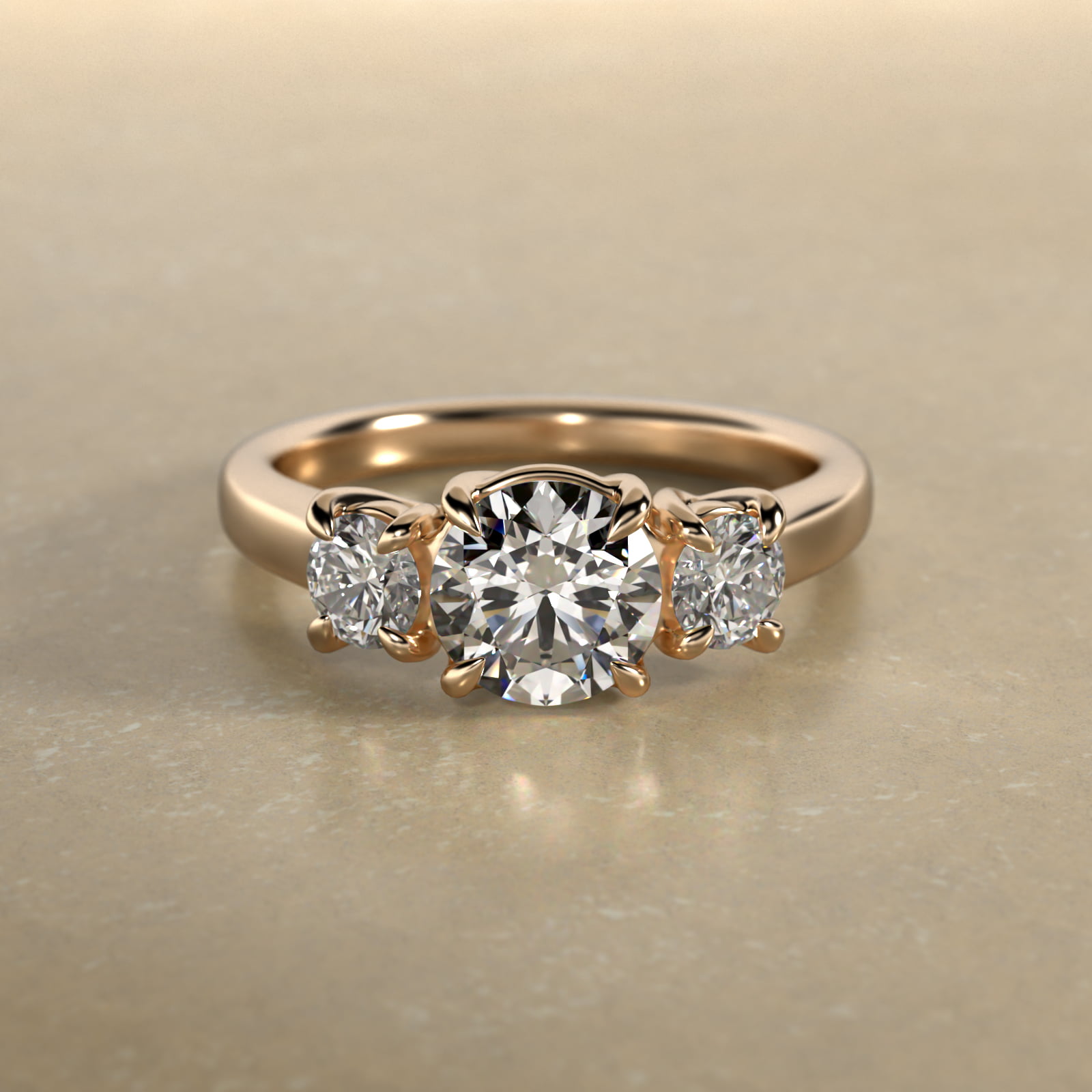 Round Diamond Three Stone Engagement Ring In 18K Yellow Gold