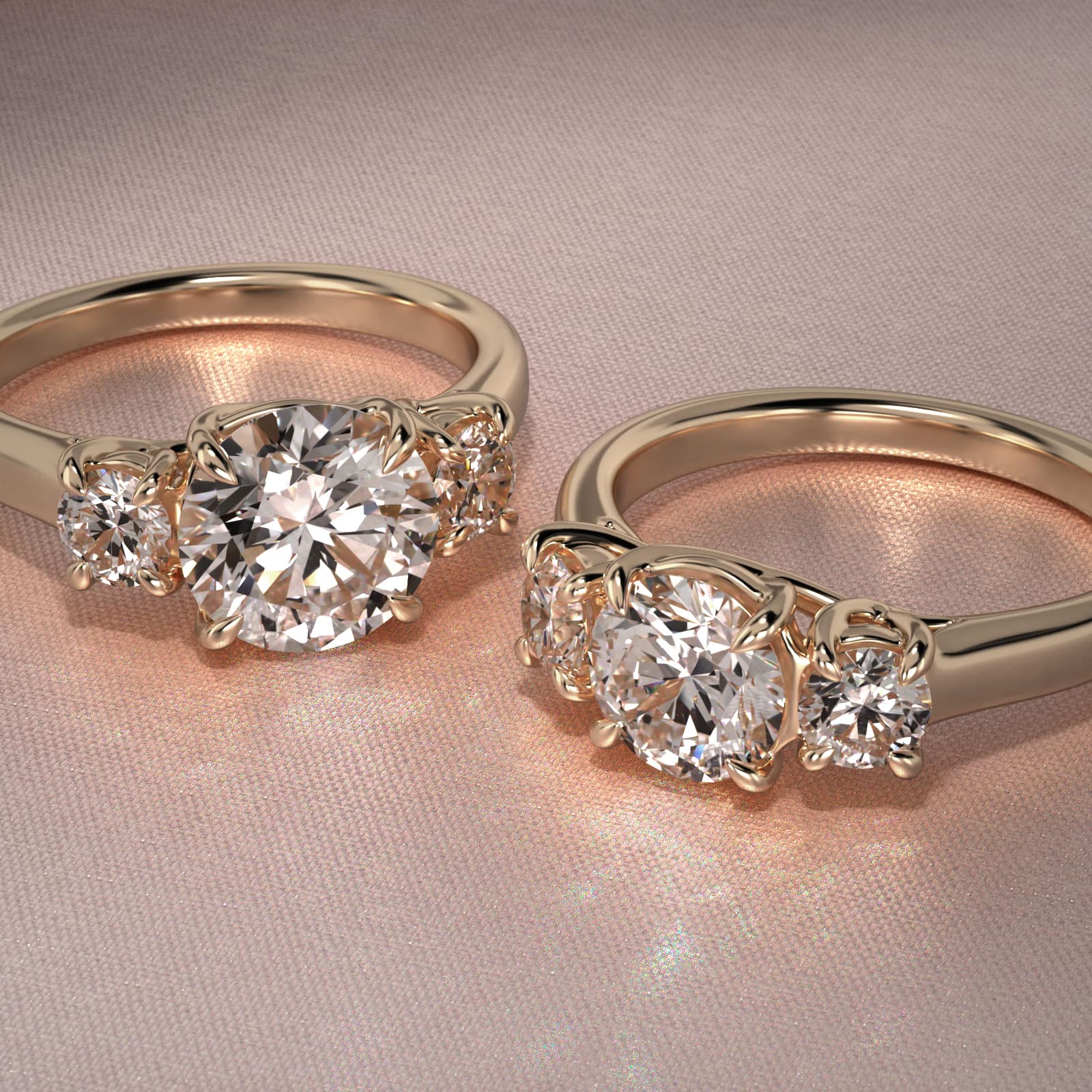 Round Diamond Three Stone Engagement Ring In 14K Yellow Gold