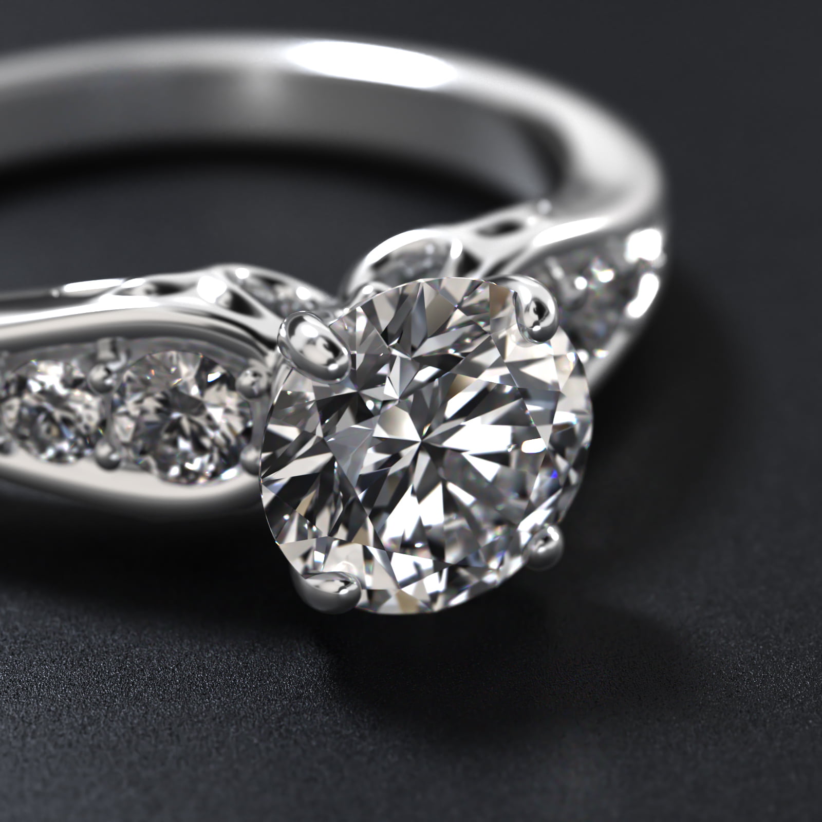 Graduated Pavé Swirl Side Stone Diamond Engagement Ring In 14K White Gold