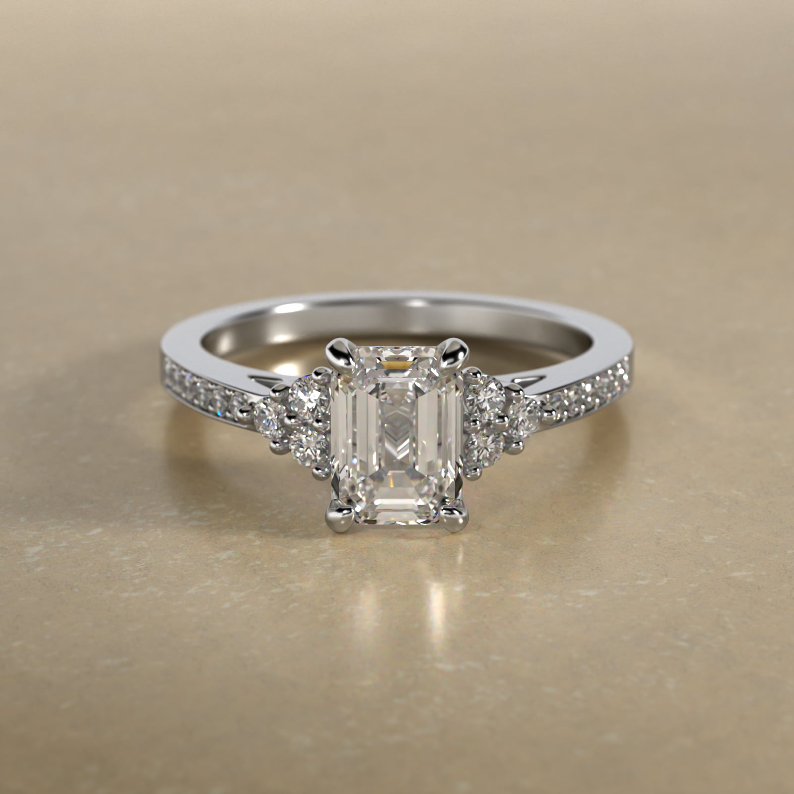 Pavé Trio Side Stone Diamond Engagement Ring In 18K White Gold